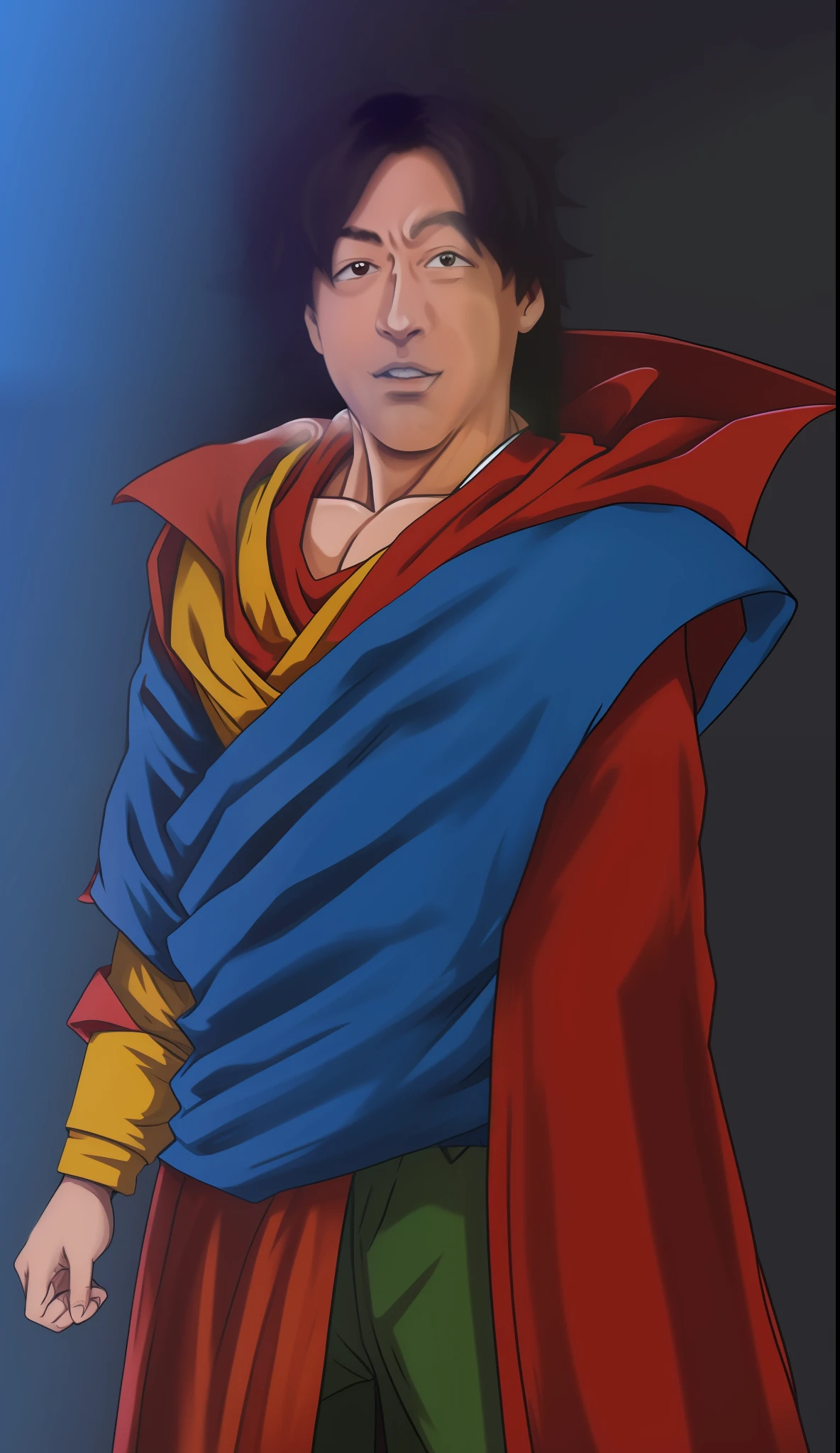 Cartoon of a man in a red cloak and blue and yellow costume, Cosmo Kramer(Dr). strange, akira toriyama style, character dragonball, Official art, Dragon Ball Concept Art, Goku as an Asian, human goku, Official Character Art, Akira Toriyama, royal attire akira, Nicolas Cage: monkey d luffy, best anime character design