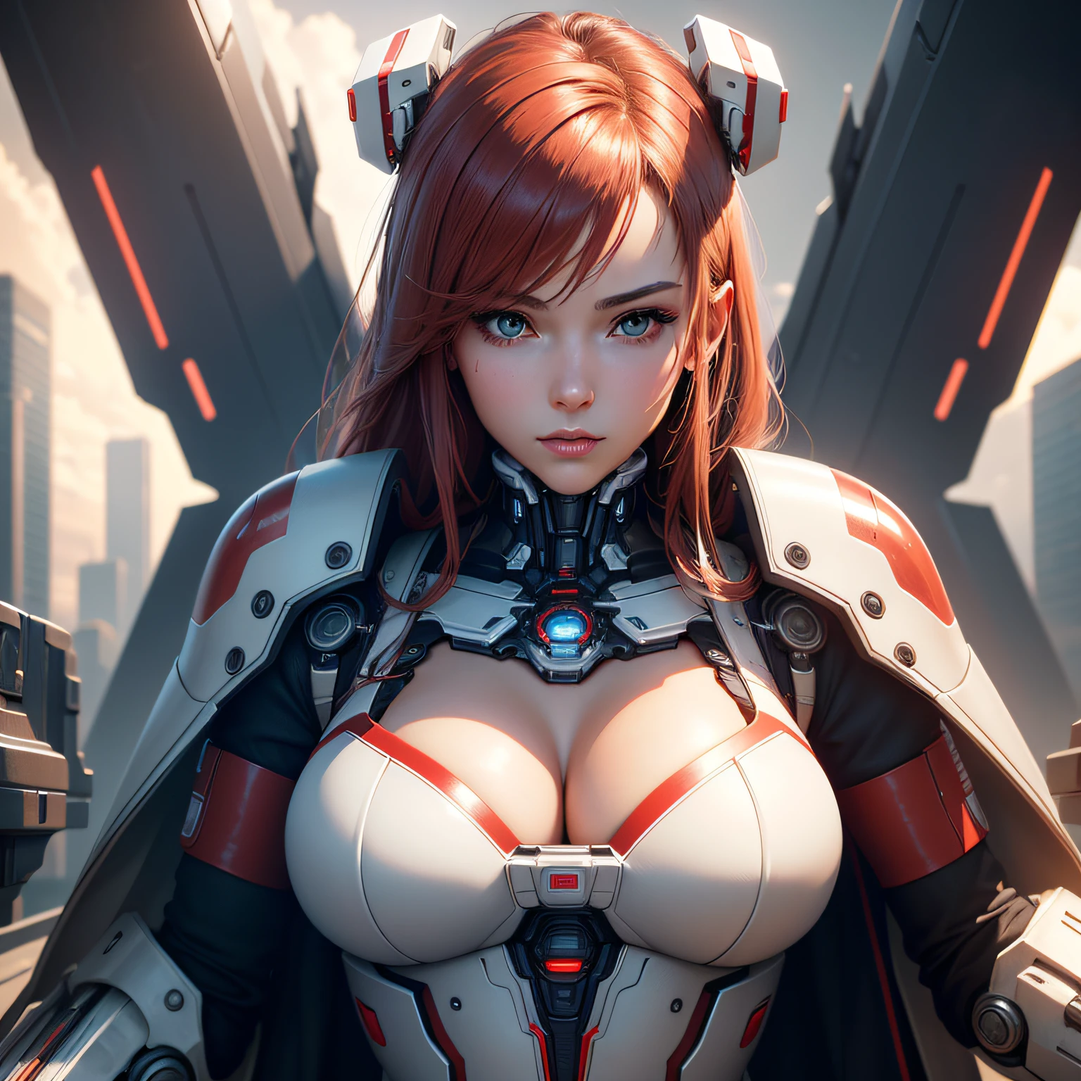 Highest quality, outstanding detail, super high resolution, (realism: 1.4), best illustration, favor details, close-up, a mecha girl, with a delicate and beautiful face, ((red and white semi-mechanical body: 1.8)), (big breasts: 1.2), sexy, cleavage, bed, frontal, cyberpunk, futuristic, mechanical aesthetics, complex machinery, background is a high-tech lighting scene of the futuristic city, virtual engine 5, perfect detail rendering, octane rendering, ultra HD