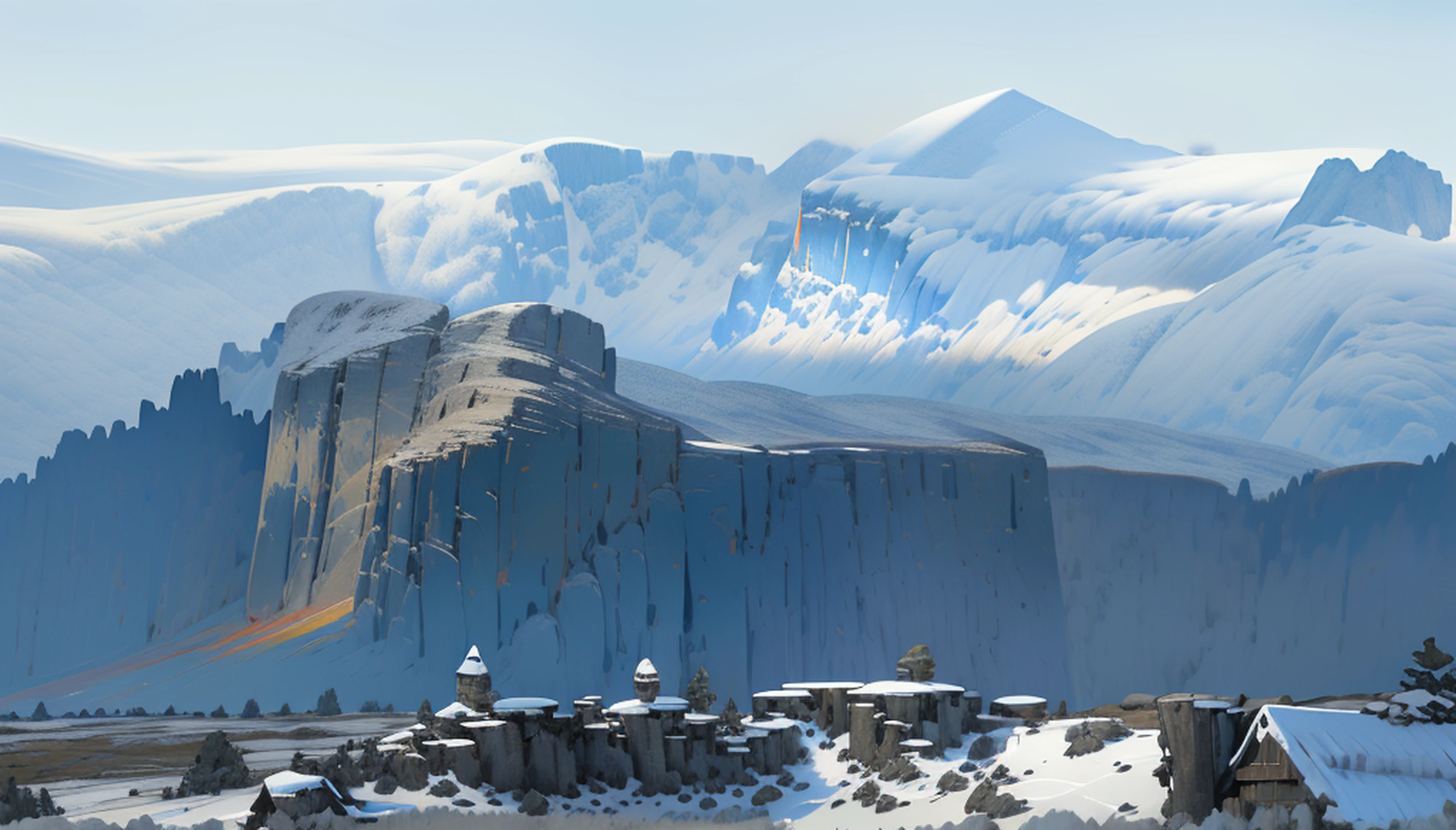 Snow-covered peaks,overcast day, snowy mountain landscape,overlooks,Frozen,glacier,ice cubes,game background,high qulity,tmasterpiece,