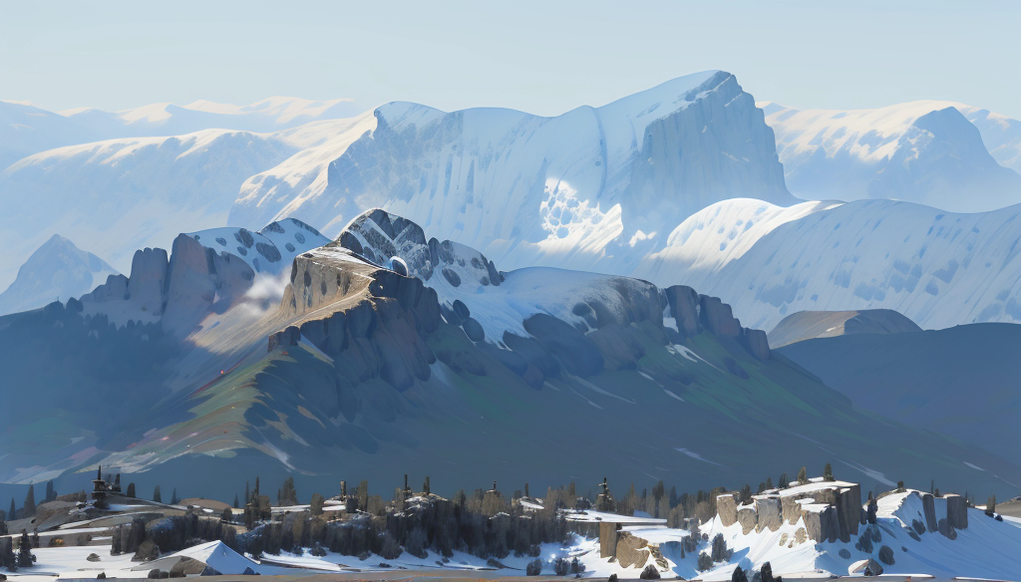 Snow-covered peaks，overcast day， snowy mountain landscape，overlooks，Frozen，glacier，ice cubes，game background，high qulity，tmasterpiece，