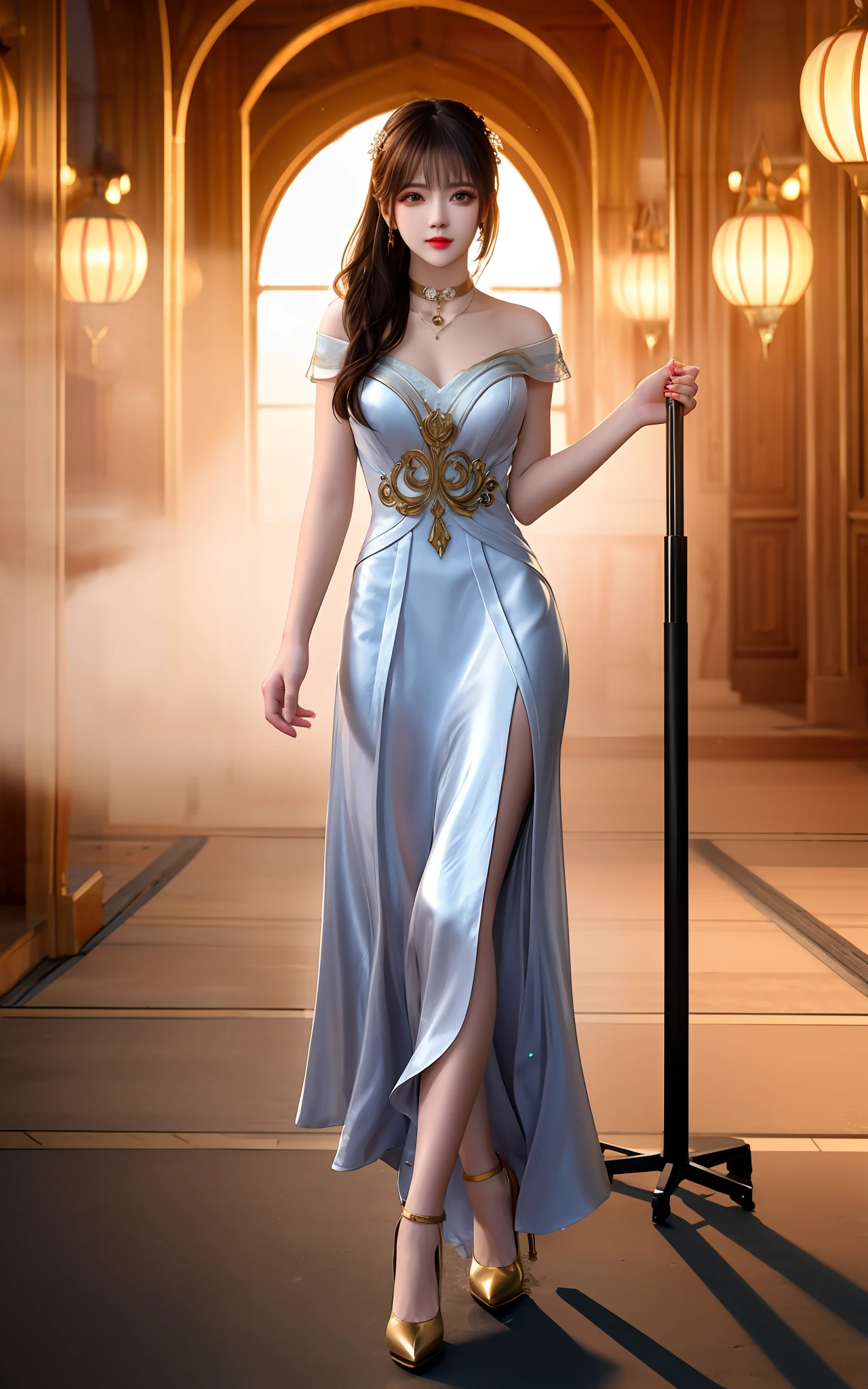 best qualtiy, tmasterpiece, A high resolution, 1girll, Full body photo,high-heels,Jade foot,Porcelain dress, hair adornments, choker necklace, jewely, beauitful face, after sexing_Body, Tyndall effect, realisticlying, Dark Studio, edge lit, twotonelighting, (highdetailskin:1.2), 8K, Ultra HD, digital SLR camera, gentle illumination, high high quality, Volumetriclighting, Frankness, photore, A high resolution, 4K, 8K, Bokeh, .Gold style, buliding
