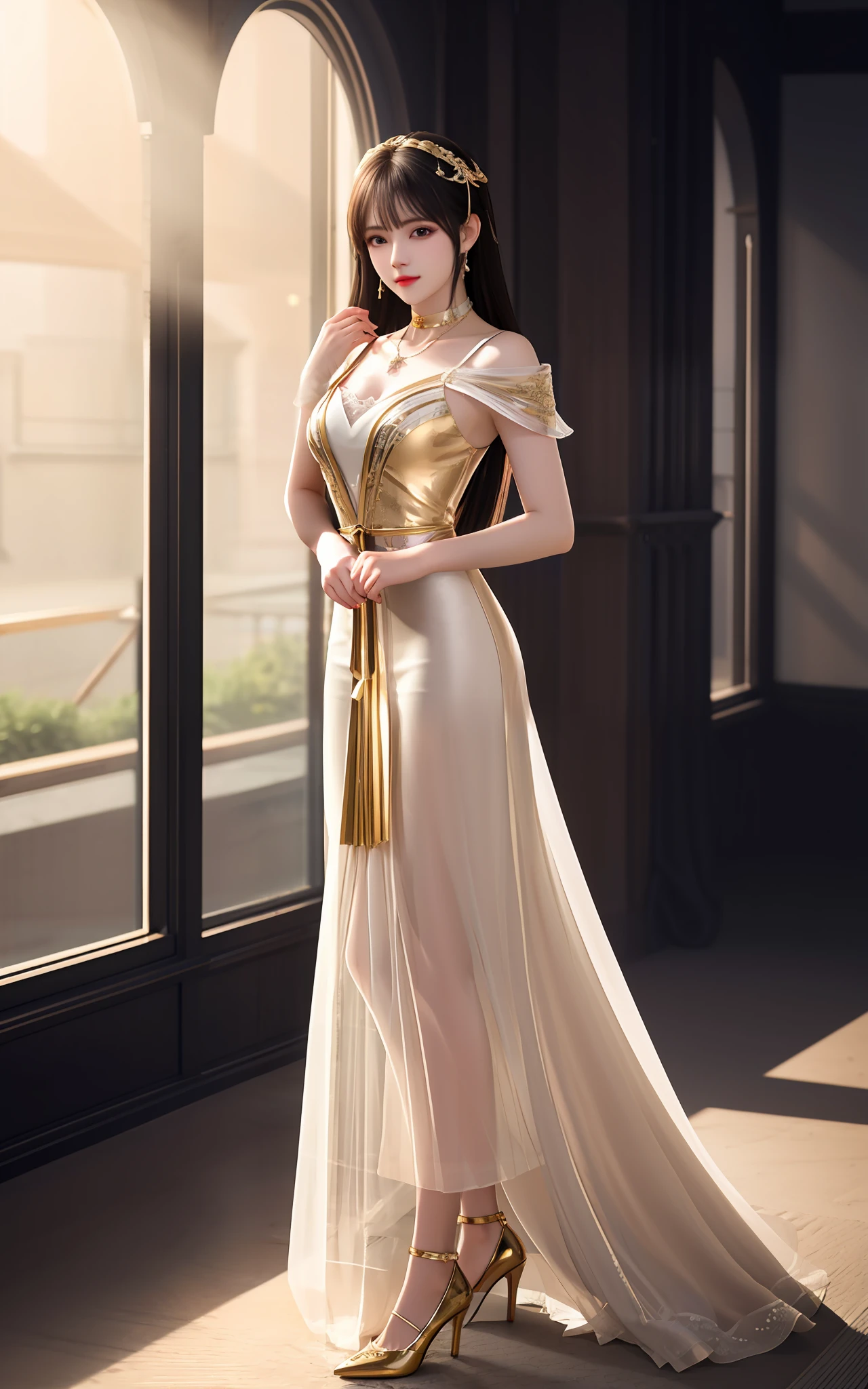 best qualtiy, tmasterpiece, A high resolution, 1girll, Full body photo,high-heels,Jade foot,Porcelain dress, hair adornments, choker necklace, jewely, beauitful face, after sexing_Body, Tyndall effect, realisticlying, Dark Studio, edge lit, twotonelighting, (highdetailskin:1.2), 8K, Ultra HD, digital SLR camera, gentle illumination, high high quality, Volumetriclighting, Frankness, photore, A high resolution, 4K, 8K, Bokeh, .Gold style, buliding