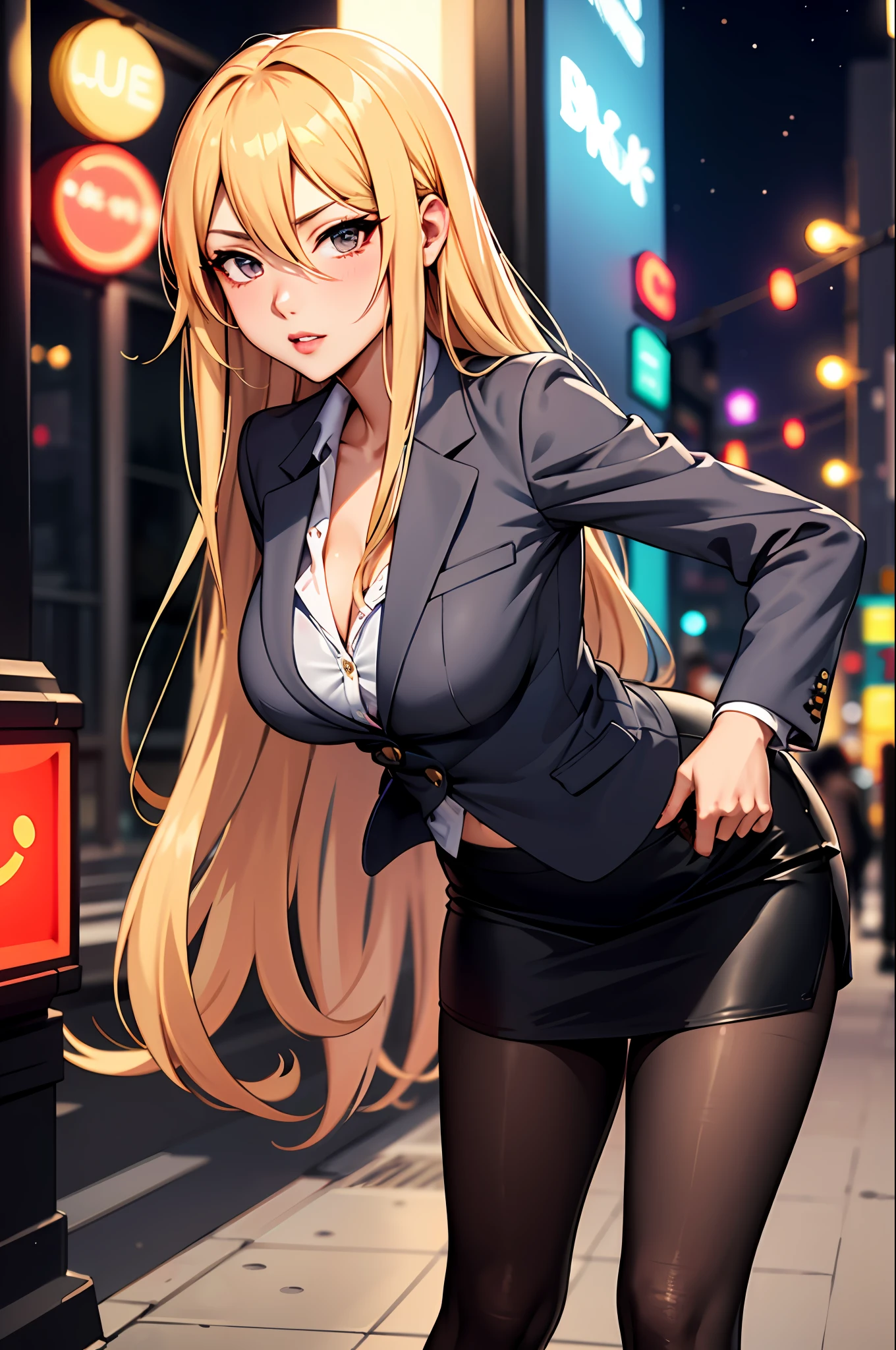 Bewitching anime busty woman in gray blazer suit and tight skirt、Black tights,Inviting look、Show off your chest、Shirt and long golden hair,Ecchi anime style,  bending forward,Kamimei,Red Light District at Night,neons、Bokeh in the background