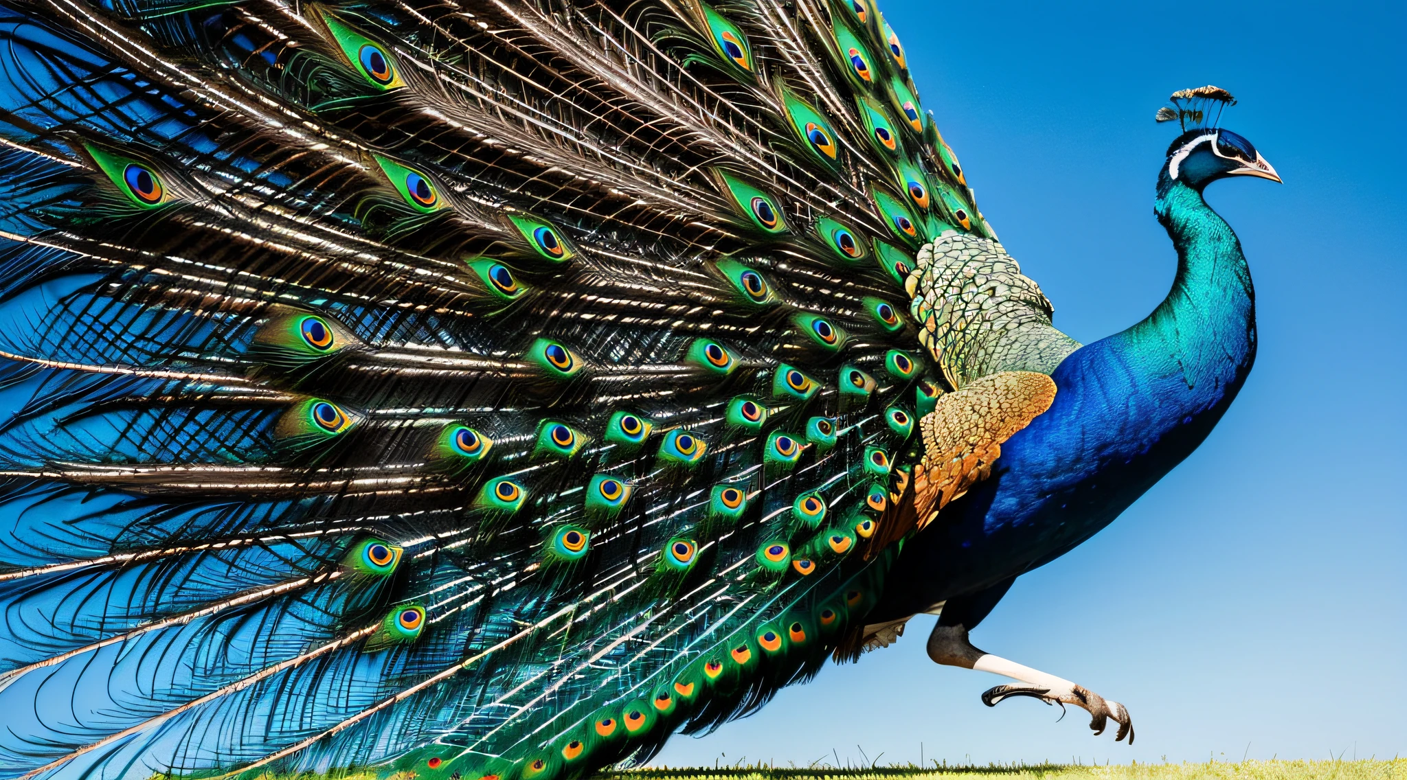 "a majestic peacock gracefully soaring through the clear blue sky, captured in a stunning professional photograph."