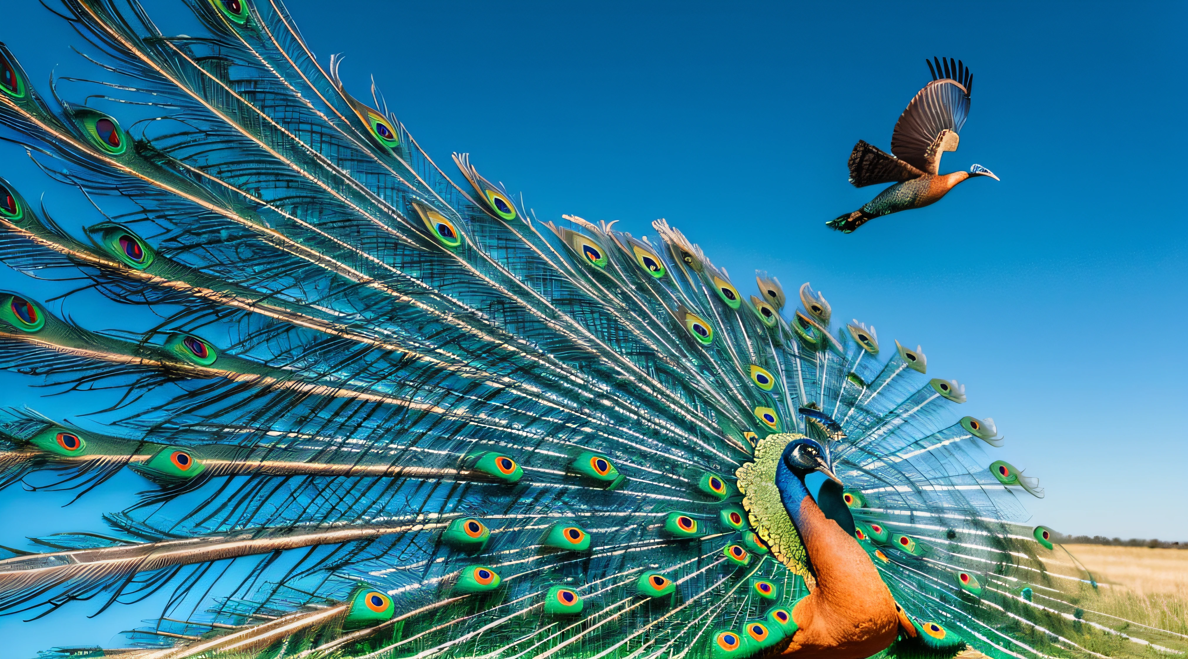 "a majestic peacock gracefully soaring through the clear blue sky, captured in a stunning professional photograph."