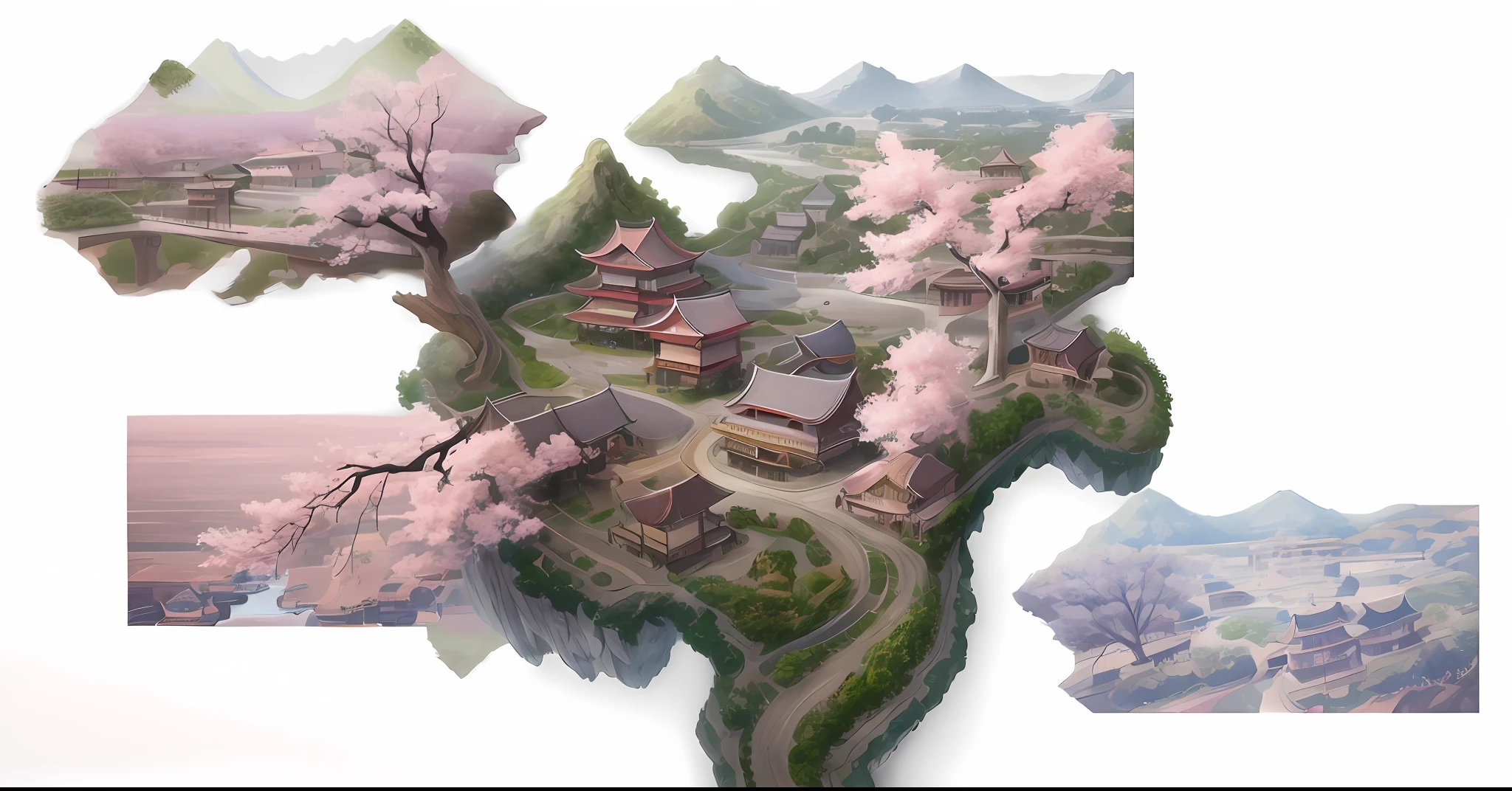 There is a Japanese landscape painting with a bridge, Pink apricot tree,A beautiful artwork illustration, dreamy Chinese towns, Game map 3D