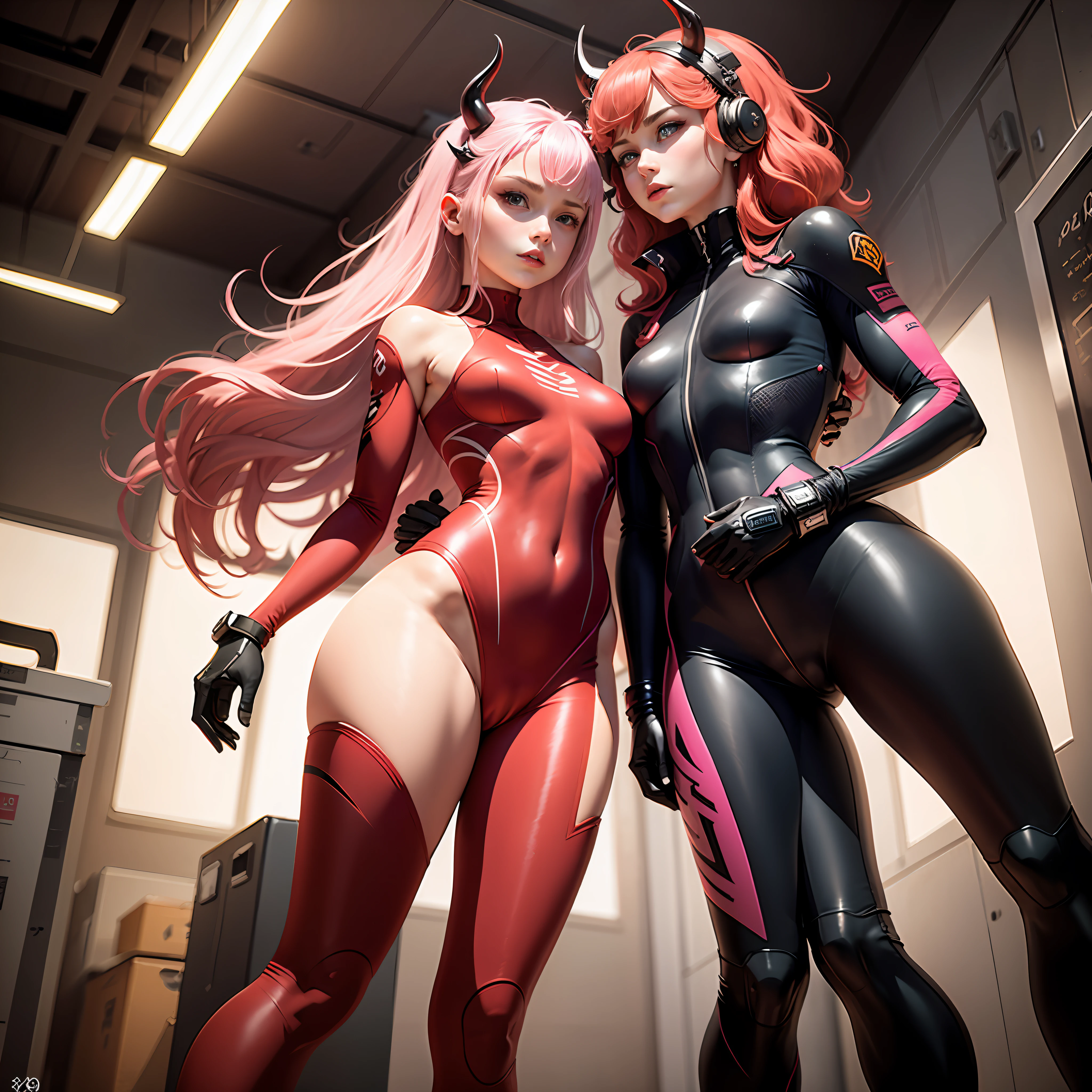 02，A pink-haired，Red full-body tight combat suit，red color eyes，The head has two small red horns，a beauty girl，quadratic element，The finest details，Highest quality，tmasterpiece，Look into the distance --auto