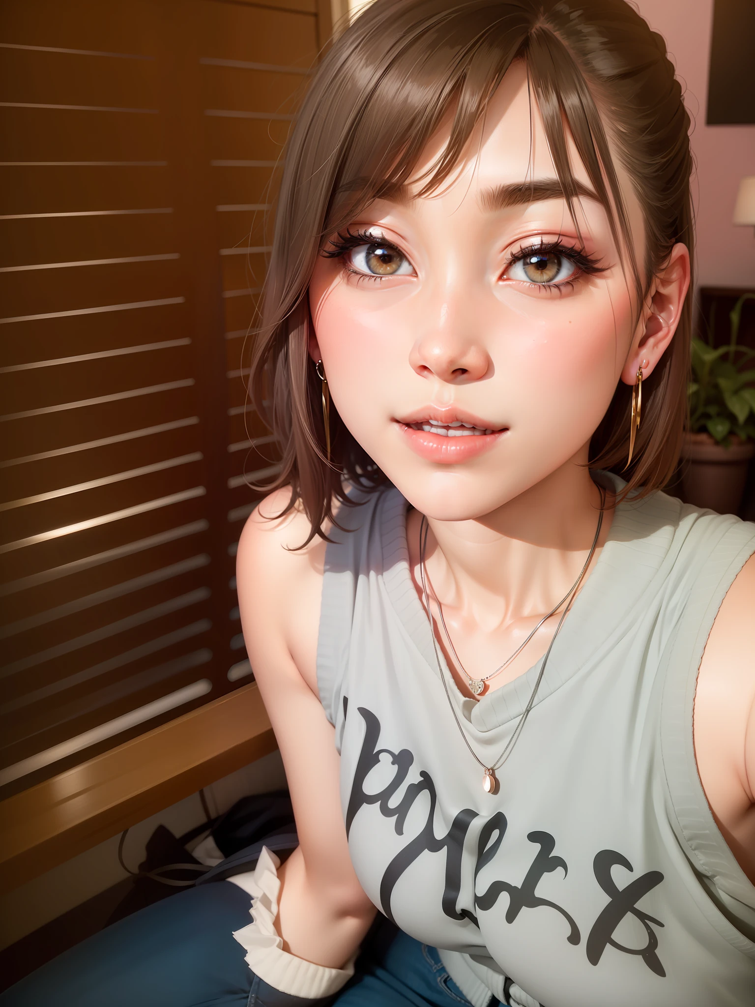 Smiling minchen, ridiculous, closed mouth, balanced eyes, (Best Quality Detail: 1.2), Realistic, 8K HD, Ultra Detailed, High Quality Texture, Complex Detail, Detailed Texture, Fine Detail, High Detail, Very Detailed CG, High Quality Shadows, Delicate Beautiful Delicate Face, (Delicate Beautiful Delicate Eyes: 1.32), Depth of Field, Ray Tracing, (A Beautiful 25-Year-Old Cute Japanese Lady: 1), Small Breasts, Tall Feminine, Beautiful Legs, Glowing Eyes, Blush, Perfect Petite, Scrawny, Blurred Outdoor Background, Silver Tight Bra, Blue Taste Denim Jacket, Cardigan Coat: 1.1, [Brown skirt]: 1, stockings and suspenders: 1.2, short hair, comfortable living room, sunshine, kneeling on sofa, earrings, necklace, model, looking at the audience, dynamic pose, earrings, necklace, model, looking at the audience, from the side, dynamic pose, front