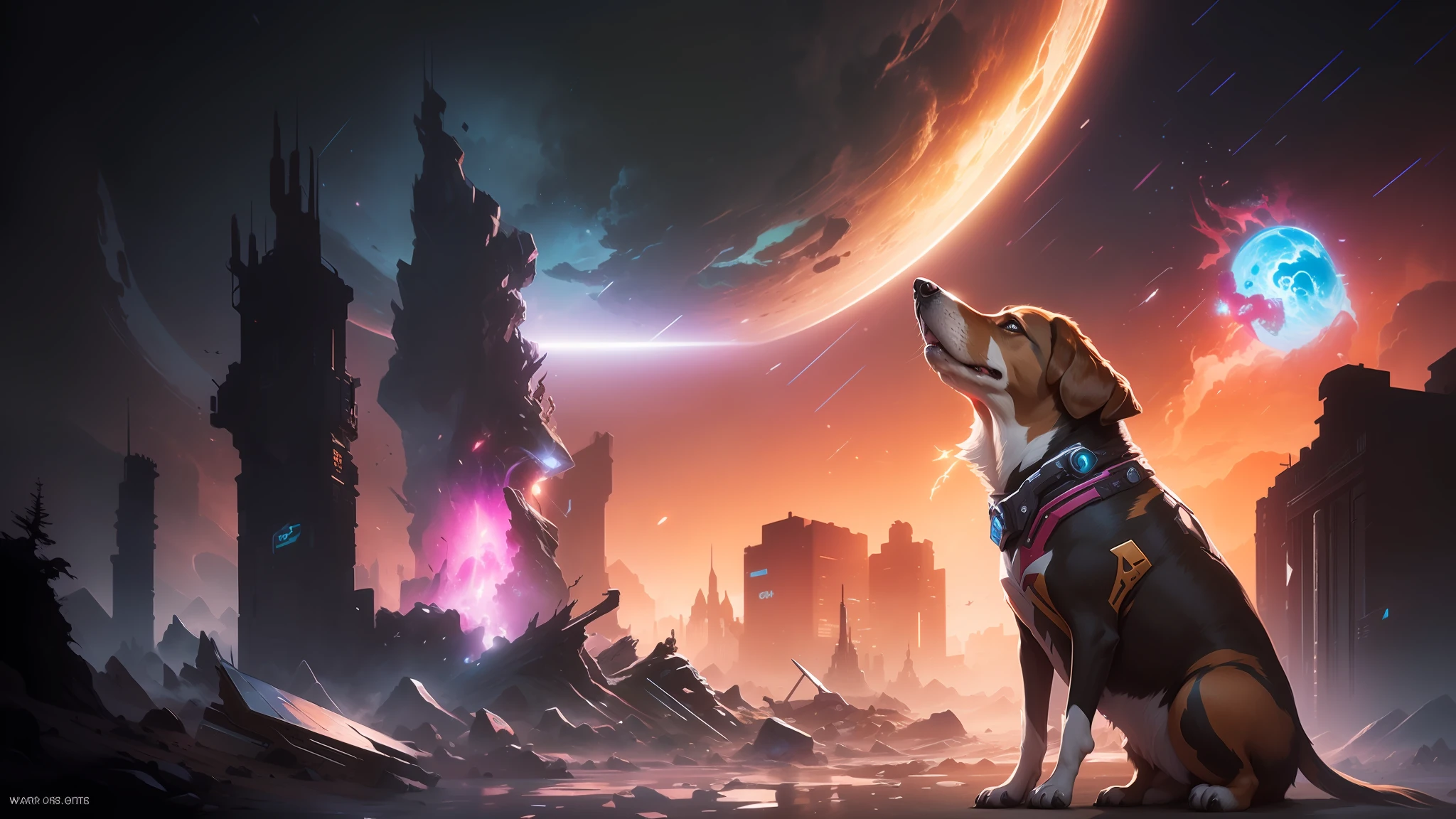 ##ng dog sitting in front of a city with a planet in the background, concept art wallpaper 4k, warframe hound art, heroes of the storm splash art, corgis in no man's sky, background artwork, warframe hound, riot games concept art, wallpaper 4k, wallpaper 4 k, wallpaper splash art promo art, matte painting arcane dota pixar