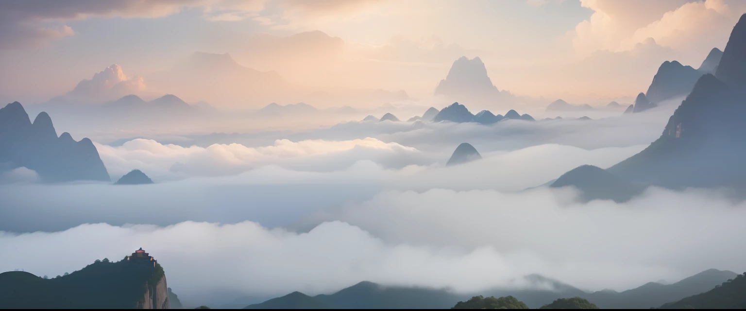 Huangshan, Anhui,There is a welcoming pine at the top of the mountain,There are distant mountains,There is a sea of clouds,volume clouds,Endless clouds,Welcome pine,Realistic landscape, epic landscapes --auto