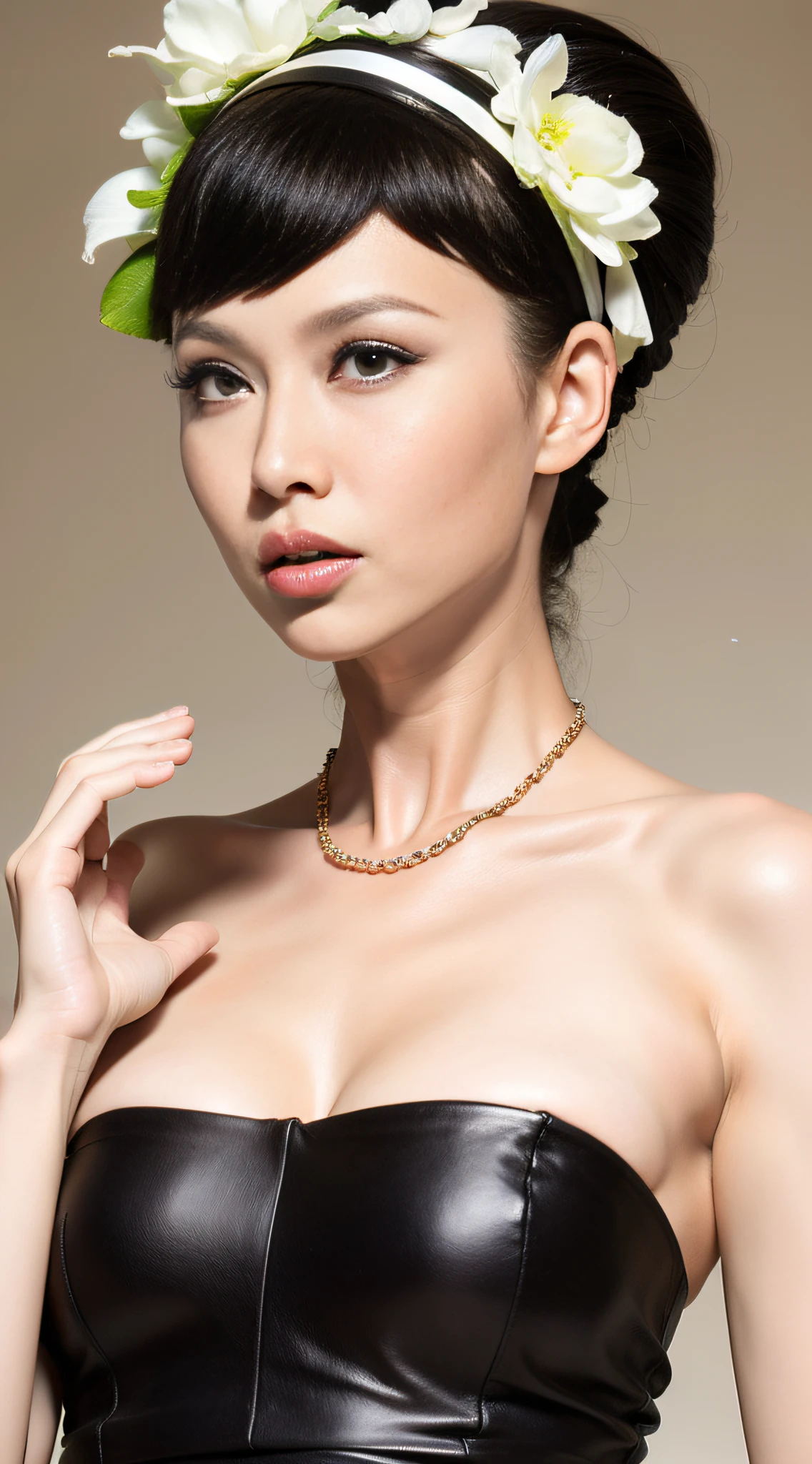 Best quality, masterpiece, high resolution, 1girl, porcelain dress, hair accessories, necklace, jewelry, beautiful face, on the body, Tyndall effect, realistic, dark studio, edge lighting, two-tone lighting, (high detail skin: 1.2), 8k UHD, dslr, soft light, high quality, volumetric light, candid, photo, high resolution, 4k, 8k, background blur,