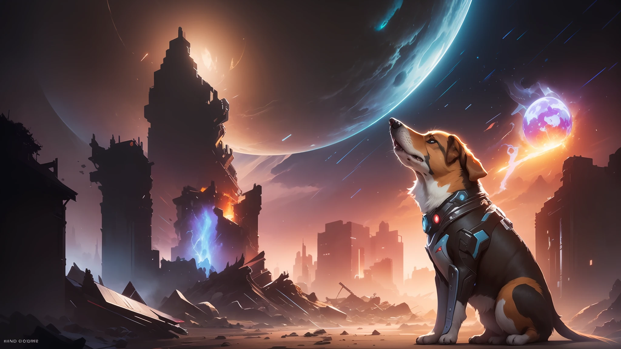 ##ng dog sitting in front of a city with a planet in the background, concept art wallpaper 4k, warframe hound art, heroes of the storm splash art, corgis in no man's sky, background artwork, warframe hound, riot games concept art, wallpaper 4k, wallpaper 4 k, wallpaper splash art promo art, matte painting arcane dota pixar