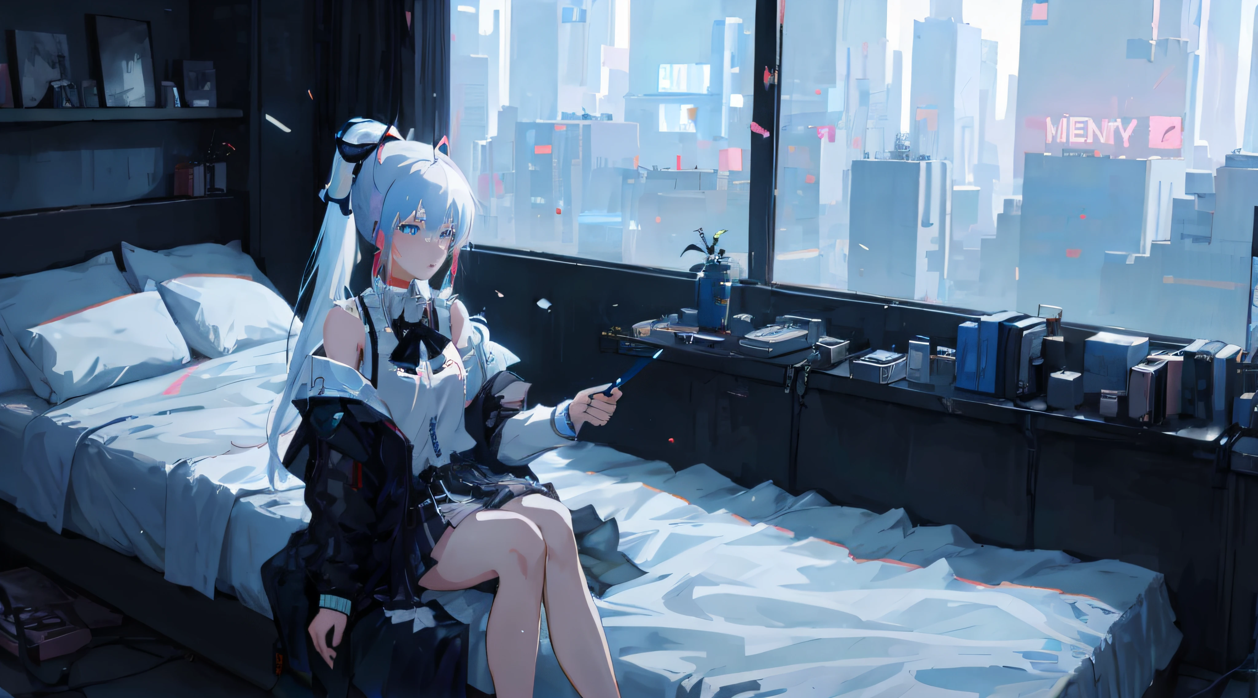 Anime girl sitting on bed in city view room, Guviz-style artwork, Digital cyberpunk anime art, Best anime 4k konachan wallpaper, From Arknights, trending on cgstation, anime cyberpunk art, style of anime4 K, cyberpunk anime art, digitl cyberpunk - anime art, 8K anime wallpaper, anime vibes