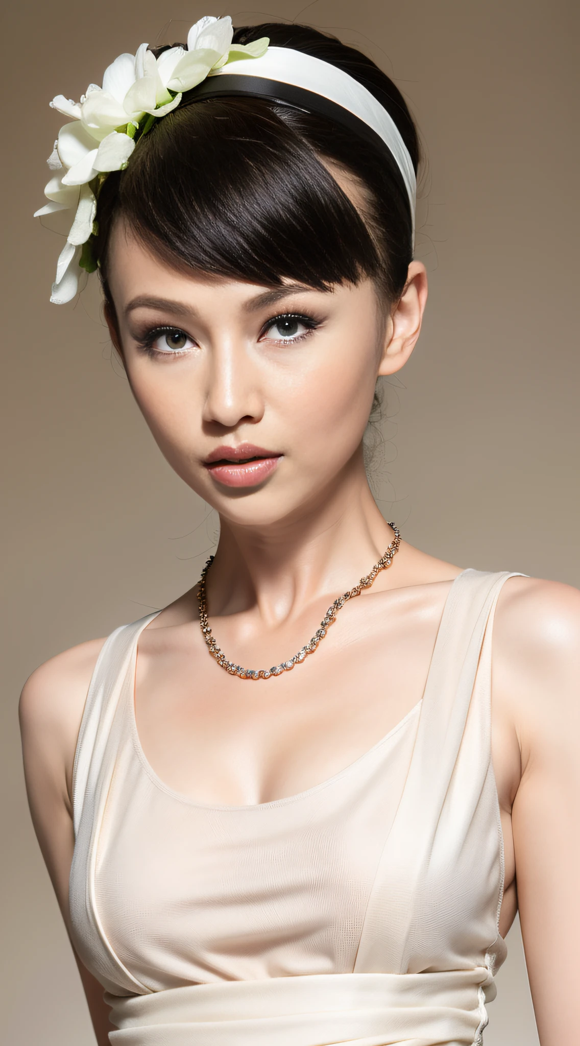 Best quality, masterpiece, high resolution, 1girl, porcelain dress, hair accessories, necklace, jewelry, beautiful face, on the body, Tyndall effect, realistic, dark studio, edge lighting, two-tone lighting, (high detail skin: 1.2), 8k UHD, dslr, soft light, high quality, volumetric light, candid, photo, high resolution, 4k, 8k, background blur,