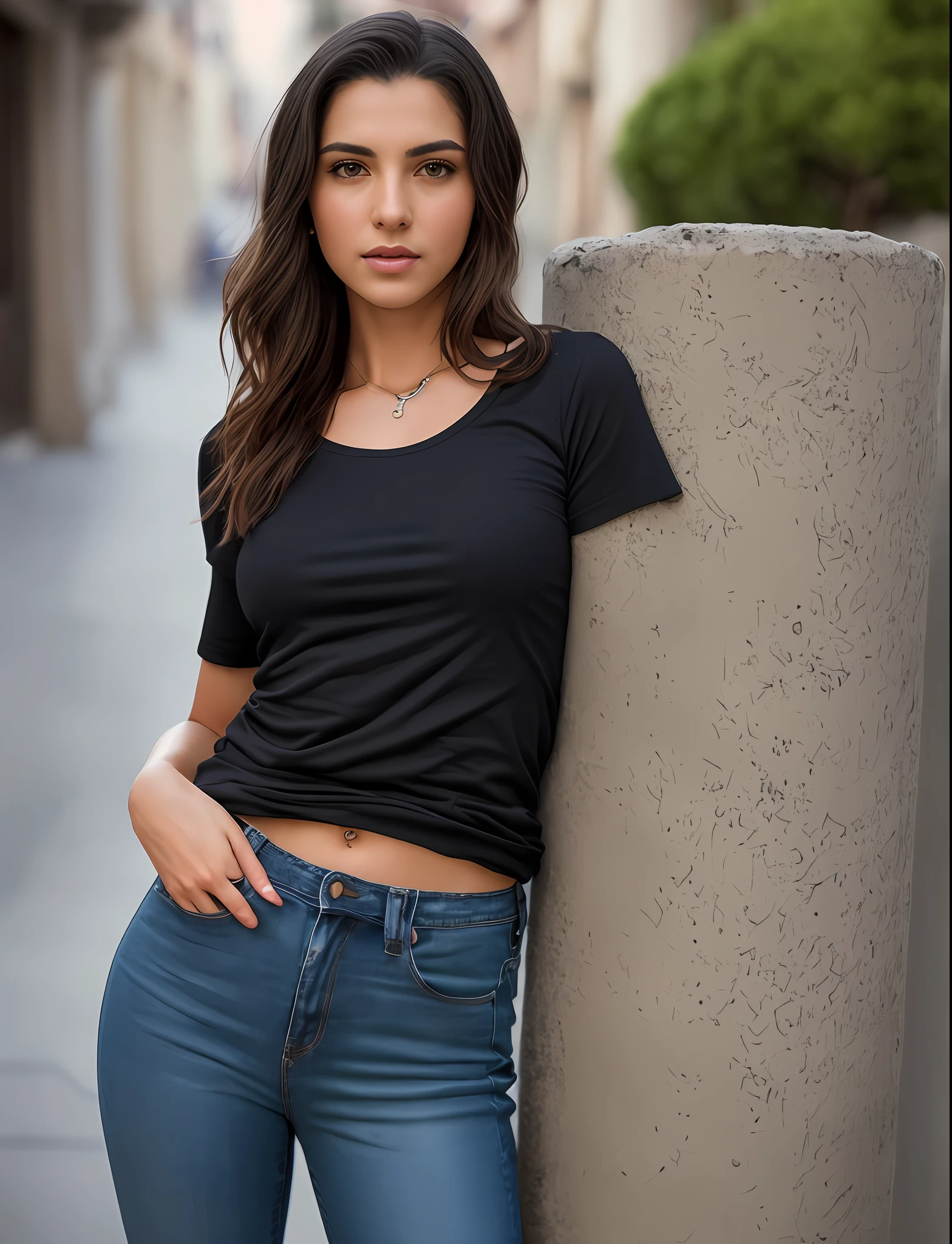 Latin American girl, in black round neck plain Tee-shirt full length, tight jeans full body, a hyper realistic ultra detailed RAW photograph of  beautiful greek woman, fashion pose, detailed symmetric beautiful detailed gorgeous face, sharp focus, studio photo, intricate details, highly detailed, exquisite detail, Canon EOS 5D Mark IV DSLR, 85mm lens, sharp focus, intricately detailed, long exposure time, f/8, ISO 100, shutter speed 1/125, diffuse back lighting, looking into camera, perfect contrast, high sharpness, depth of field, ultra-detailed photography, raytraced, global illumination, smooth, ultra high definition, 8k, unreal engine 5, ultra sharp focus, award-winning photograph, studio photo, intricate details, highly detailed, by greg rutkowski