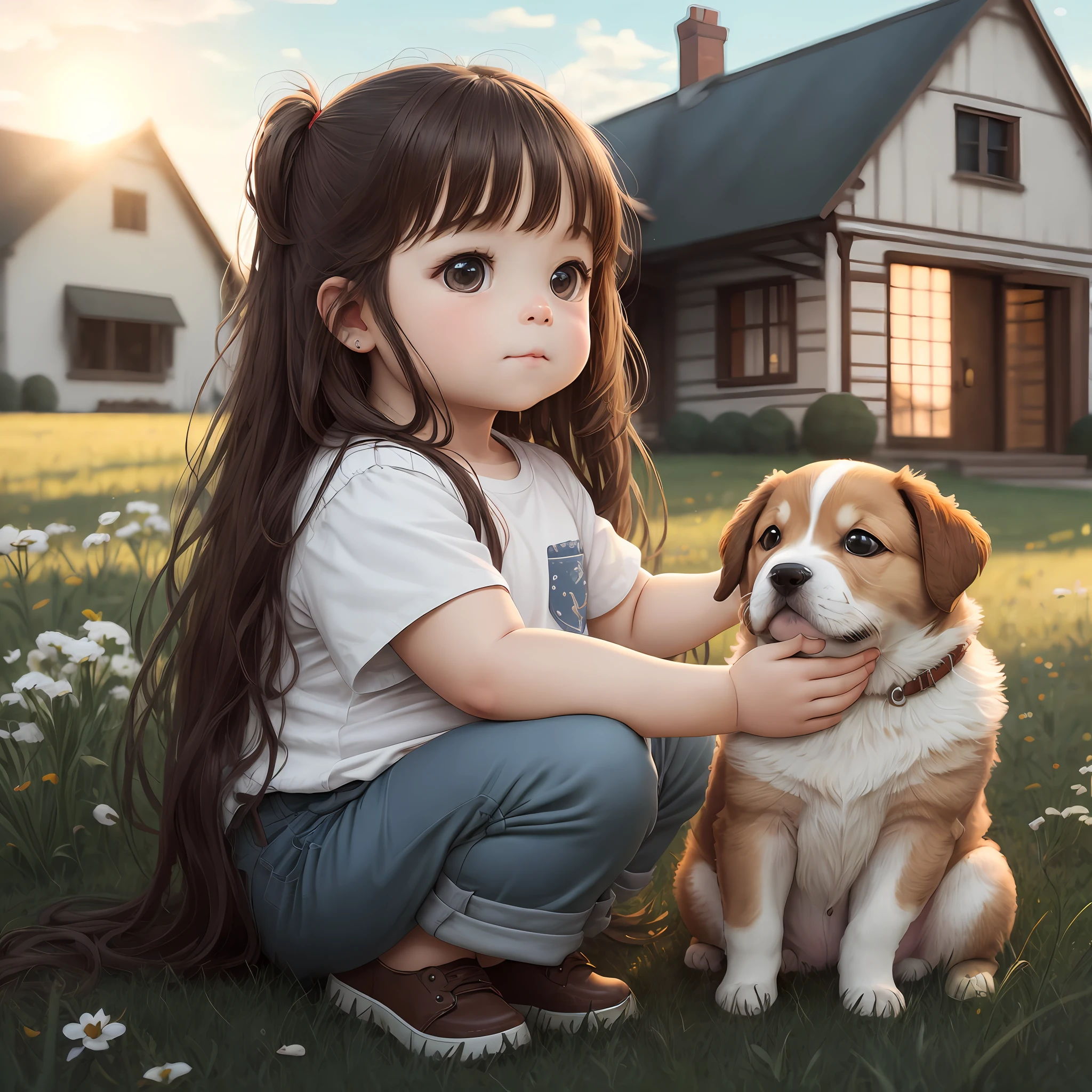 A chubby ,In the sun, plain grass bangs, fluttering long hair, brown hair, white shirt, brown trousers, a big brick house, puppy --auto
