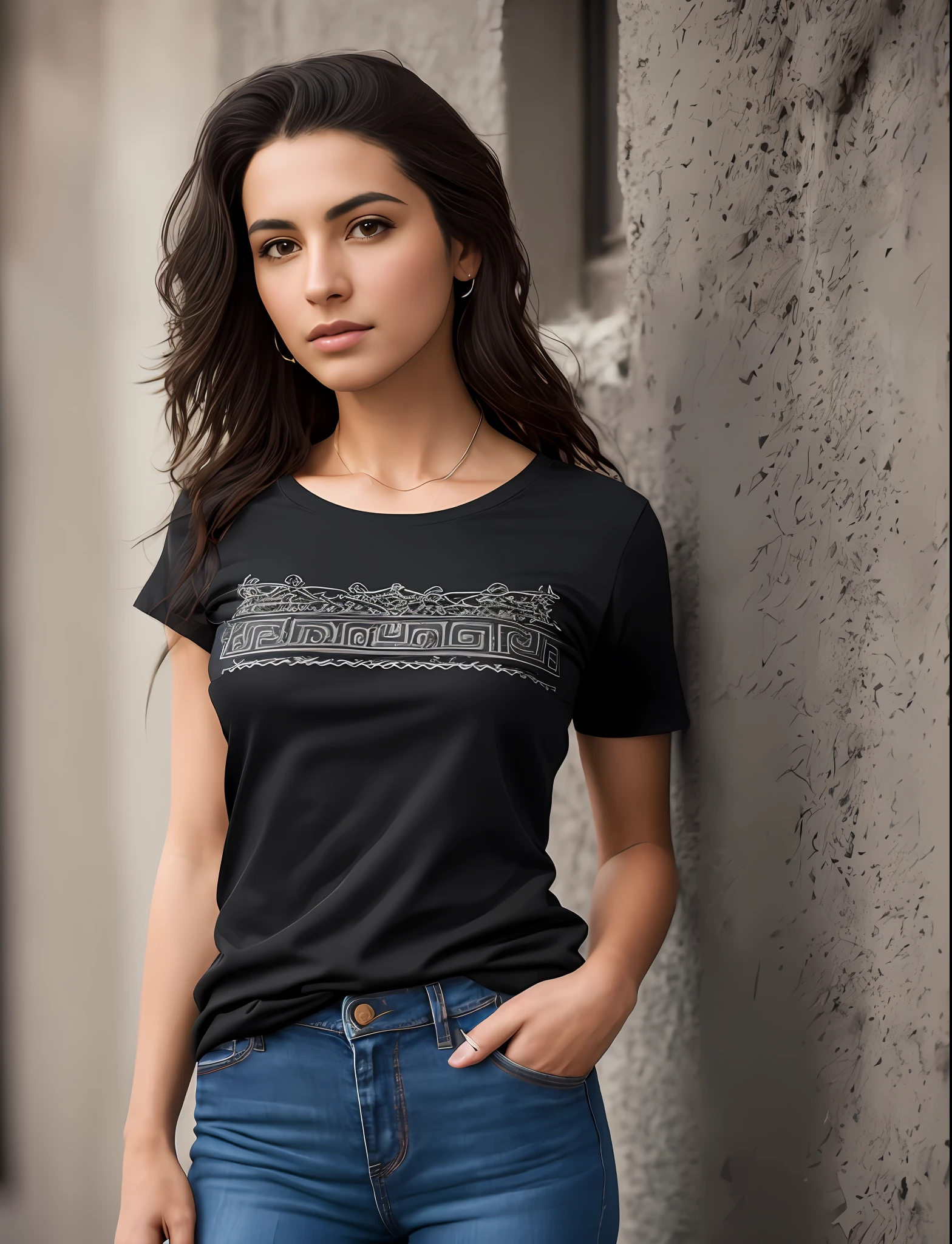 Latin American girl, in black round neck plain Tee-shirt full length, tight jeans full body, a hyper realistic ultra detailed RAW photograph of beautiful greek woman, fashion pose, detailed symmetric beautiful detailed gorgeous face, sharp focus, studio photo, intricate details, highly detailed, exquisite detail, Canon EOS 5D Mark IV DSLR, 85mm lens, sharp focus, intricately detailed, long exposure time, f/8, ISO 100, shutter speed 1/125, diffuse back lighting, looking into camera, perfect contrast, high sharpness, depth of field, ultra-detailed photography, raytraced, global illumination, smooth, ultra high definition, 8k, unreal engine 5, ultra sharp focus, award-winning photograph, studio photo, intricate details, highly detailed, by greg rutkowski