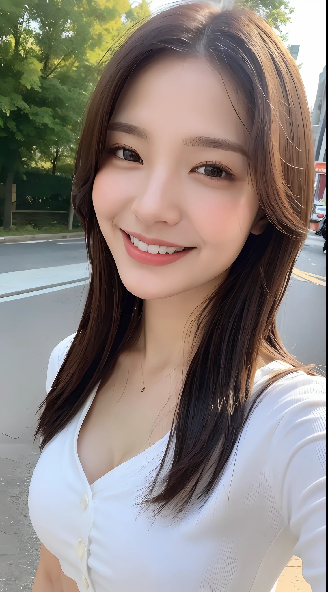 ((Best Quality, 8K, Masterpiece: 1.3)), Sharp Focus: 1.2, A Beautiful Woman with Perfect Figure: 1.4, Slim Abs: 1.2, (Layered Hairstyle,: 1.2)), (Wet White Button Long Shirt: 1.3), Rain: 1.3, Street: 1.2, Wet Body: 1.1, Highly Detailed Face and Skin Texture, Detailed Eyes, Double Eyelids, Big Breasts, Smile,
