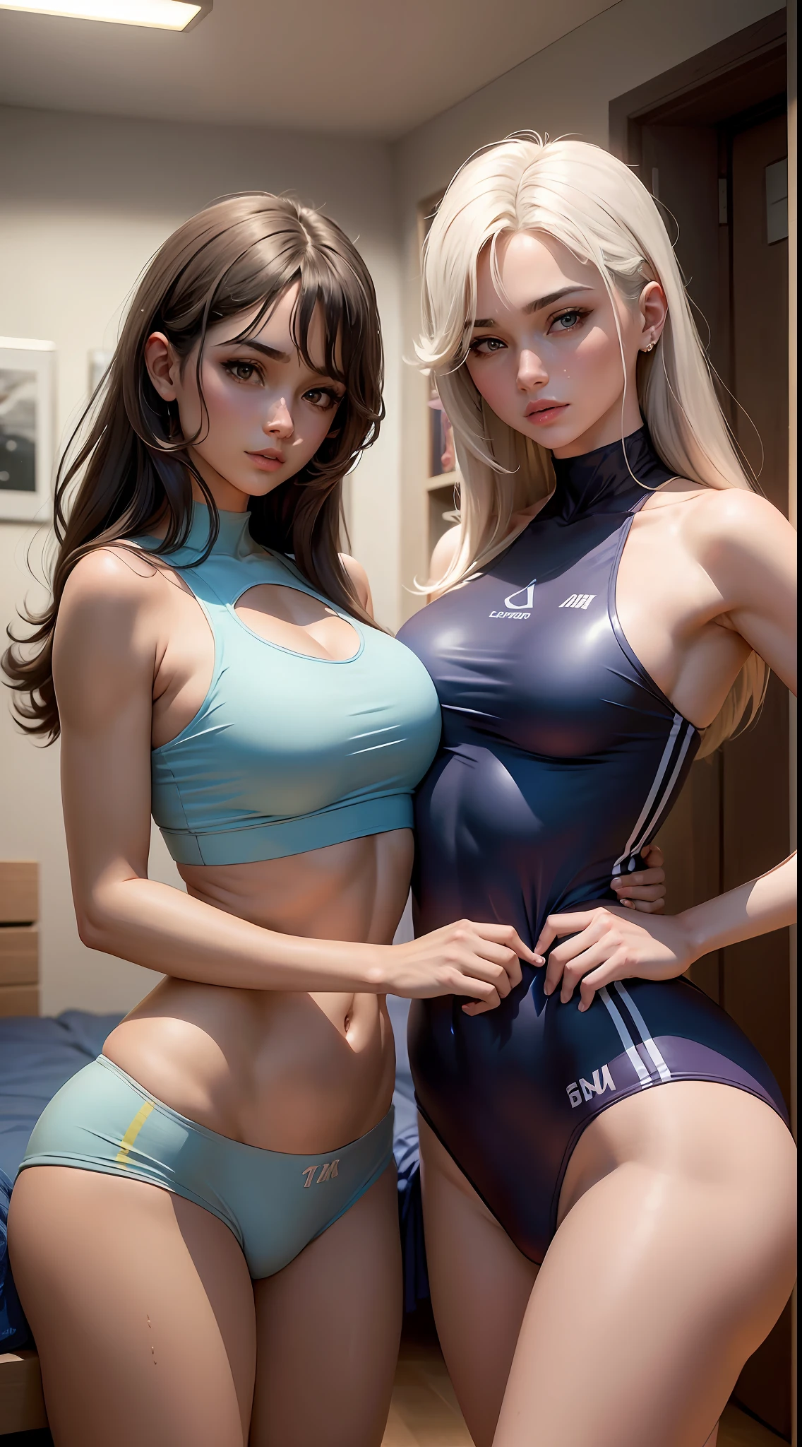 2 Mulheres deitadas na cama, erotic face, (melhor qualidade, 8k, obra-prima: 1.3)), foco nítido: 1.2, mulheres bonitas com figura perfeita: 1.4, abdominais finos: 1.2, (corte em camada, grande: 1.2)), (chuva, rua: 1.2), corpo molhado: 1.5, rosto altamente detalhado e textura da pele, olhos detalhados, (cabelo muito curto), (cabelo castanho claro), studio, BDSM, escravas, roupa de treino azul, corte baixo, tanga apertada,  pernas abertas, yuri, lesbian, ecchi artwork, soft yuri, girlfriends