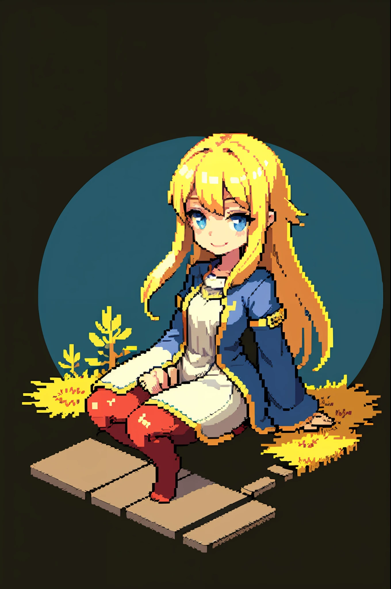 pixel, pixel art, 1girl, blond hair, sitting down on floor, body, smile, cozy,