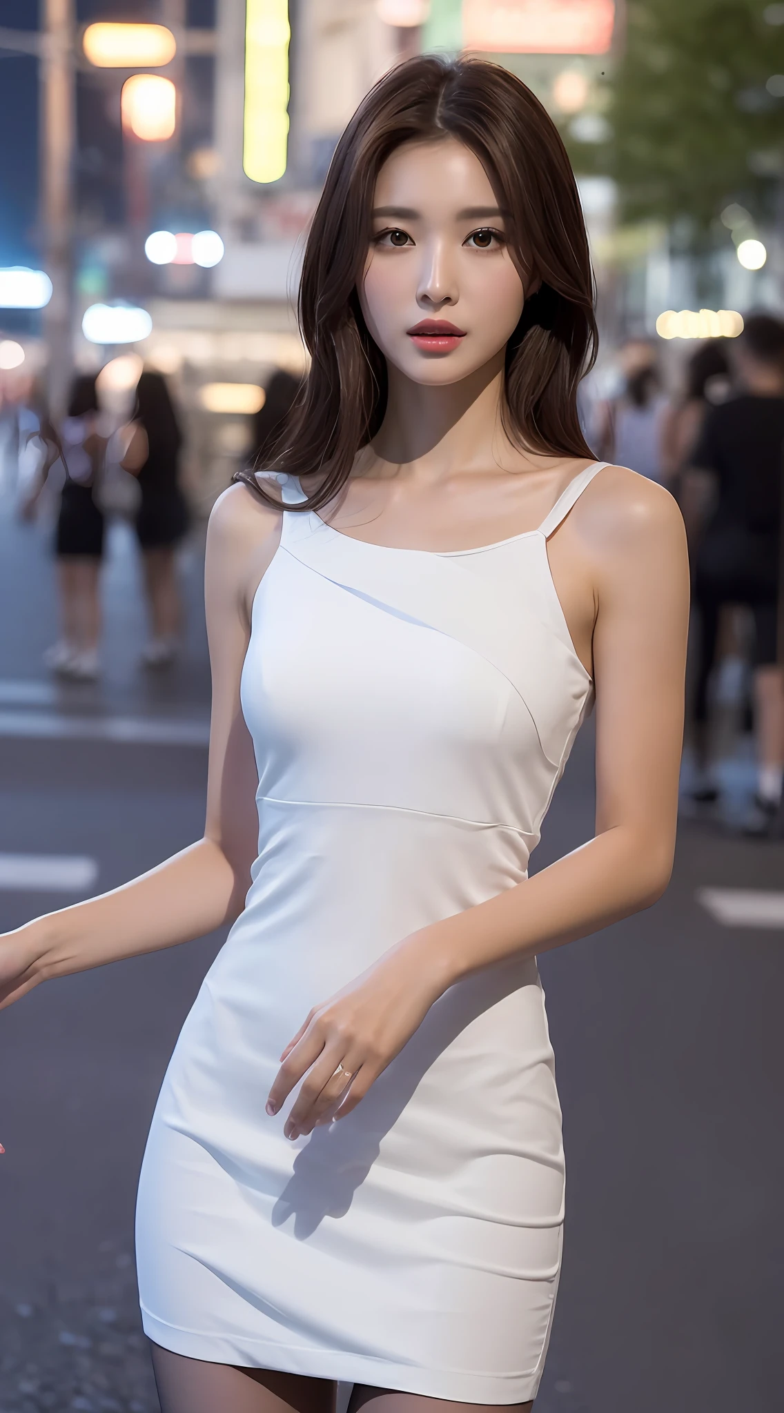 ((Realistic lighting, Best quality, 8K, Masterpiece: 1.3)), Clear focus: 1.2, 1girl, Perfect body beauty: 1.4, Slim abs: 1.1, ((dark brown hair)), (White dress: 1.4), (Outdoor, night: 1.1), City Street, Super Fine Face, Fine Eyes, Double Eyelids, (Over the knee black stockings: 1.5)