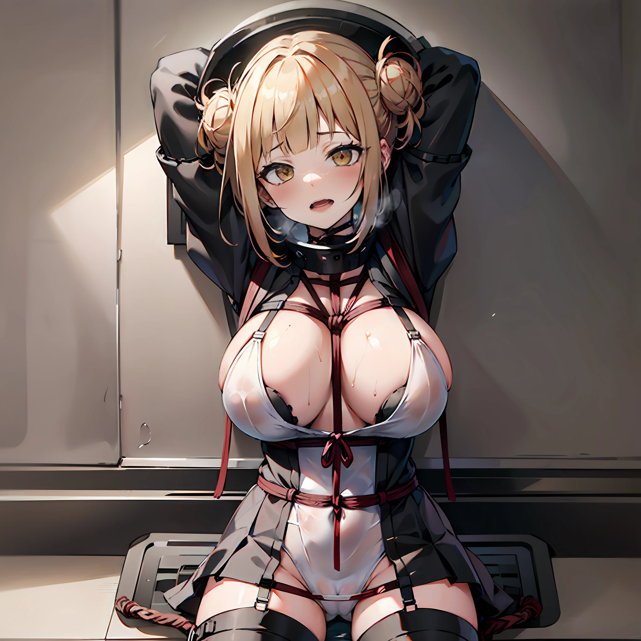 1girl, large breasts, thighhighs,solo, thigh boots, black skirt, black footwear, (((masterpiece,high resolution,best quality))), solo, blonde hair, on back, looking at viewer, open mouth, solo, blush, wet clothes, heart, arms up, wet, huge breasts, short hair, pervert, white panties, himiko toga, bdsm, shibari, restraint, bondage ropes, rope, tied up, restrained body