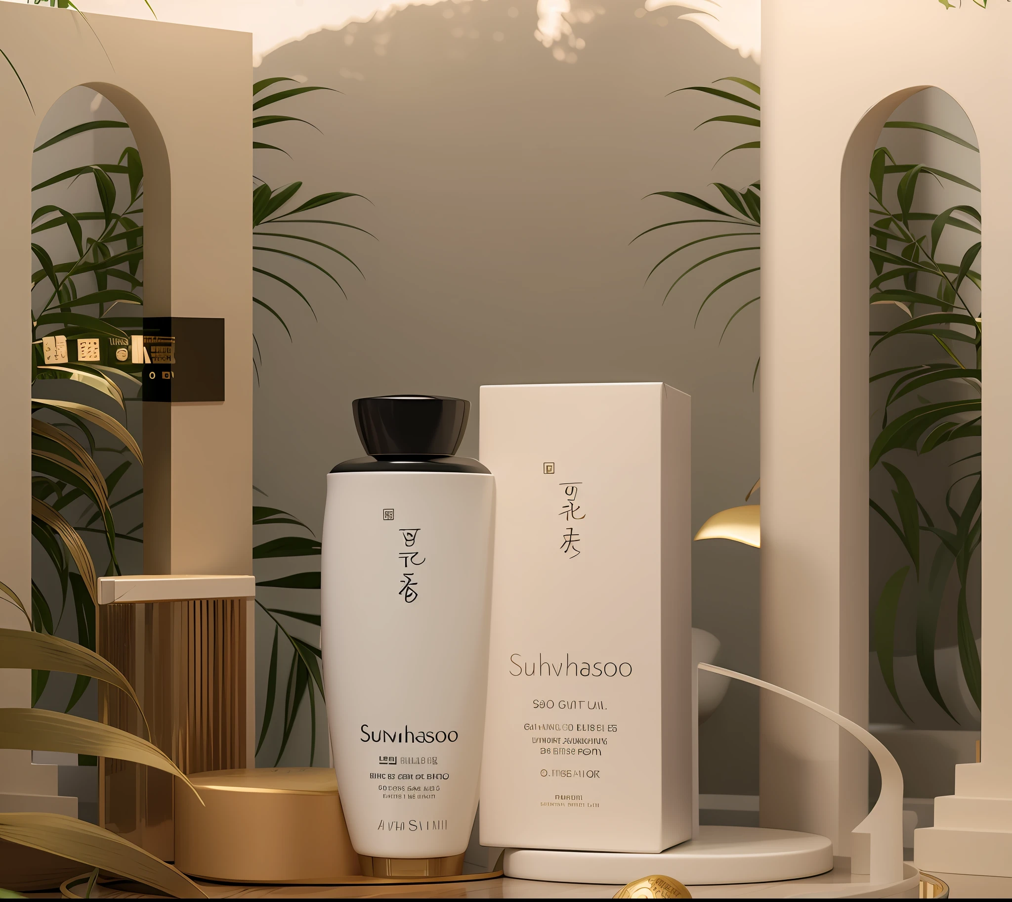 There is a bottle of Sunhwaoo essential lotion next to it, and a box of Sunhwaoo, promotional render, high quality topical render, 3 d product render, photoshoot for skincare brand, Product rendering, ProductAdvertisements, smooth 3d cg render, product design render, Wang Chen, products shot, Handsome, sakimichan hdri