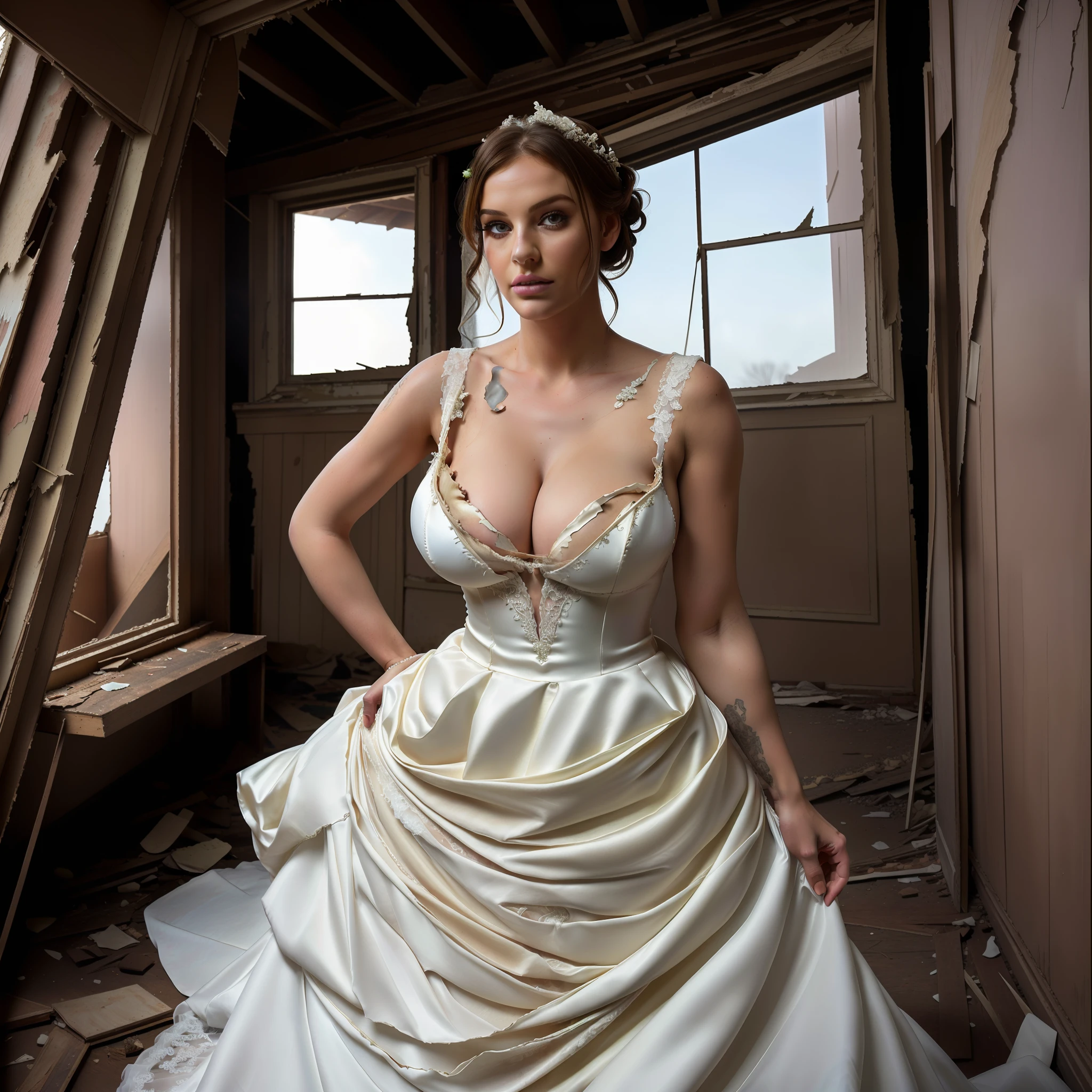 top-quality, masterpiece, 36K, very high res, hyper realistic photography, (((Full body shot))), 1girl in, perfect human shape, ((outfit: torn, Wedding dress)), Portrait, hyper detailed face, ultra realistic textures, (leaning forward pose to viewer, Abandoned house), ultra huge cleavage, (Beautiful sexy bride), nipple clearly disclosed from down blouse pose,