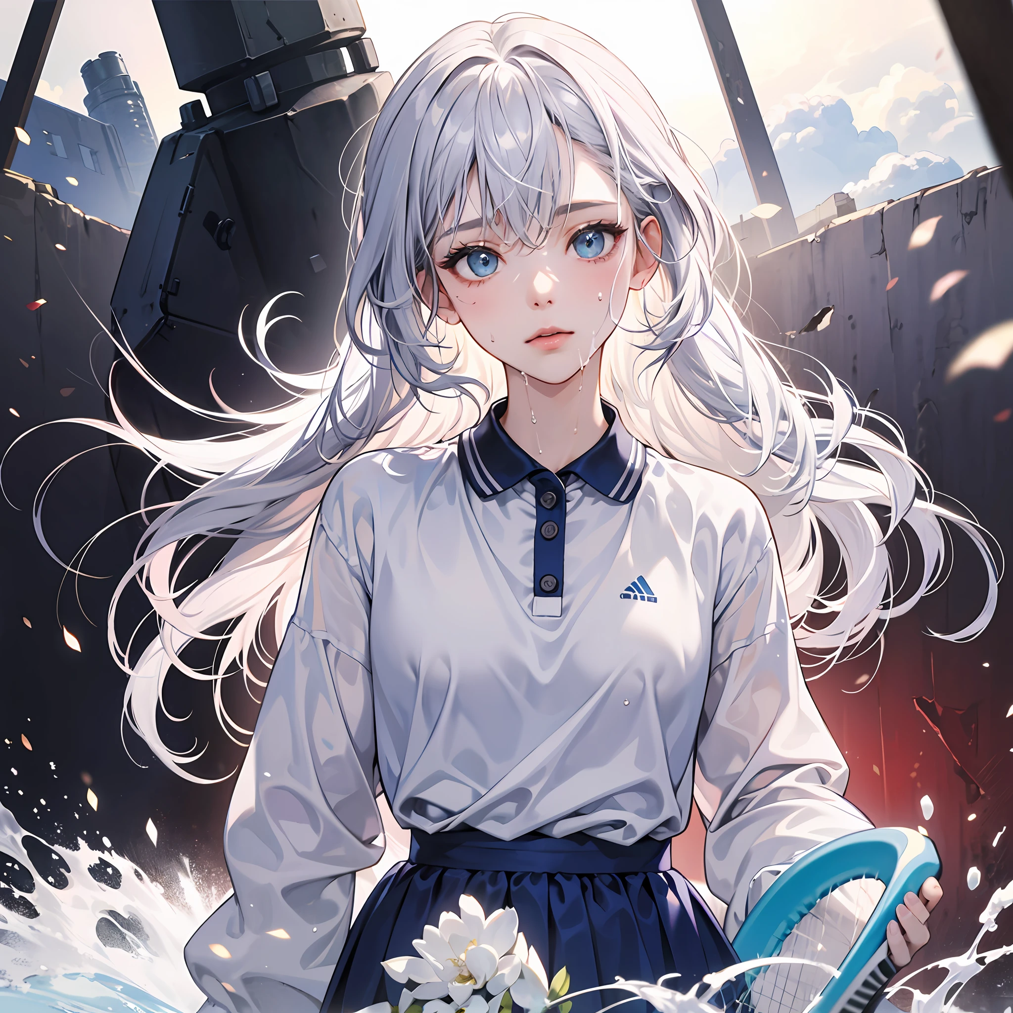 tmasterpiece、Best quality、realisticlying、hyper-detailing、(Shiny skin,sweat leggs:1.4)、Slim, 1girl、solo、tennis wear、White polo shirt、White sneakers、white mini-skirt、long whitr hair、silber hair、eBlue eyes、(thick thight:0.5)、动态照明、A high resolution、sharp fokus、depth of fields、Short white hair on small breasts,Royal sister,Heteropupil,orthofacial,Be red in the face,Ha gas,The clothes were wet with water,There is a pronounced pure white cloudy liquid on the face and mouth,Animal ears look cool,White liquid spreads all over the face,By bangs,Black half-legged stockings naked upper body naked lower body --auto