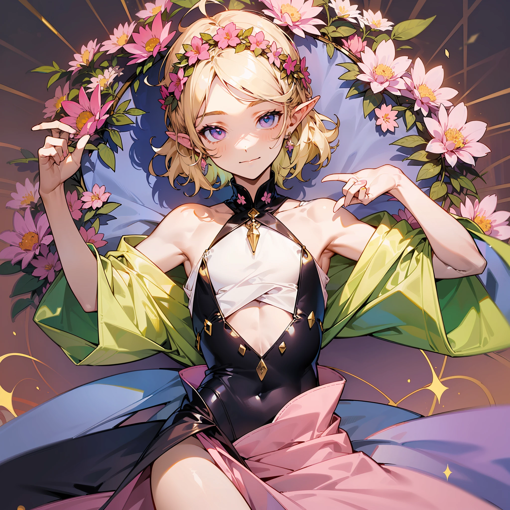 (((wearing a white shirt))), (((white colored fabric))), ((gold details)), ((black details)), ((wearing a white crop top)), ((flat chest)), ((male)), ((one light pink flower)), ((white fabric)), ((white shirt)), (((white colored clothes)))