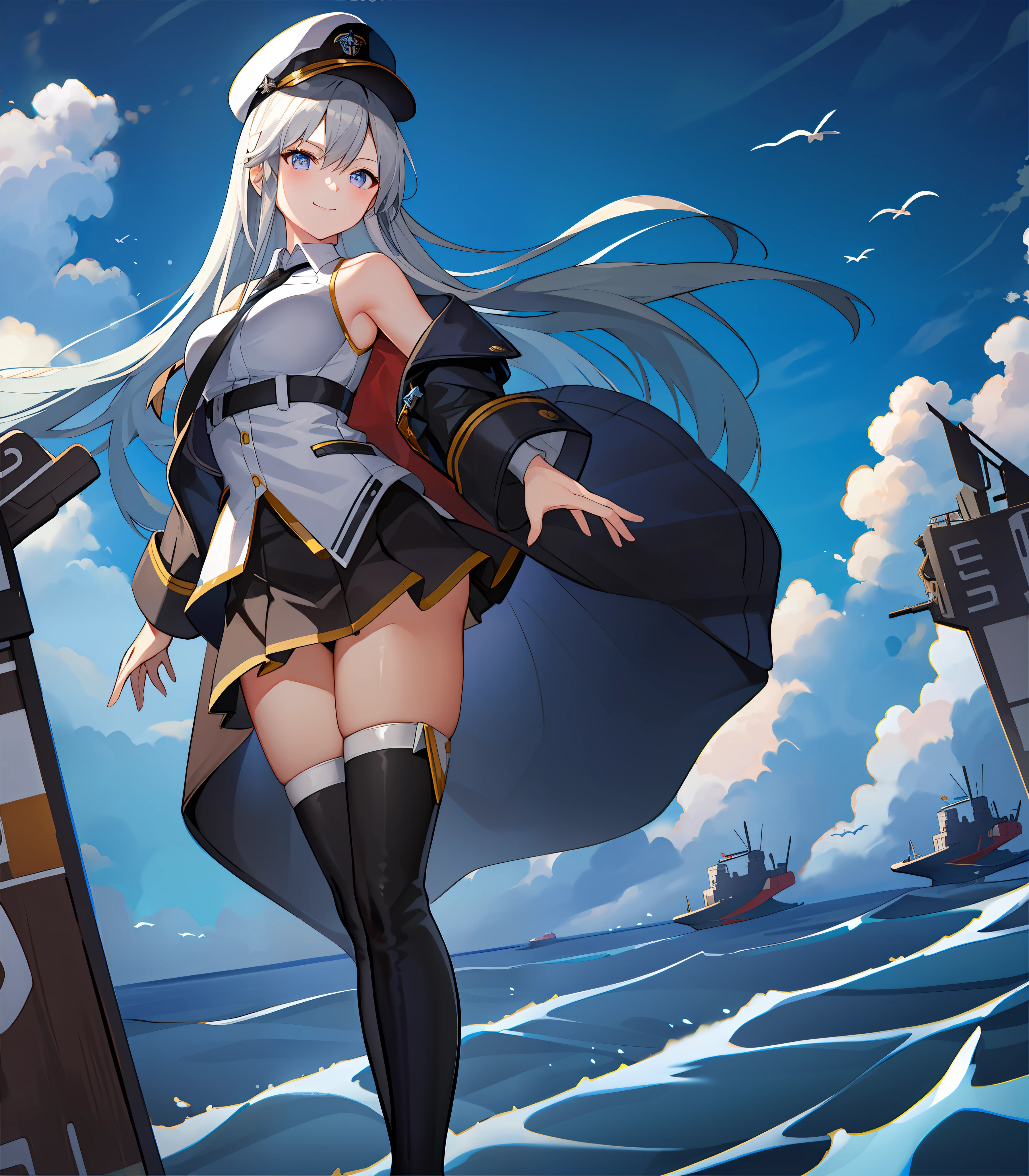 (((masterpiece, best quality, high resolution))), OriginalOutfit, army suit, 1girl, aigle, cap, Skysky, Flight deck, ssmile, the ocean, ​​clouds, nedium breasts, In the daytime, 独奏, exteriors, looking at viewert, Blue sky，Very long hair，ventania，绳索，Wind lift，Wear a headdress，skirt tug，standing on your feet，Lower bust，mostly cloudy sky，thigh boots，