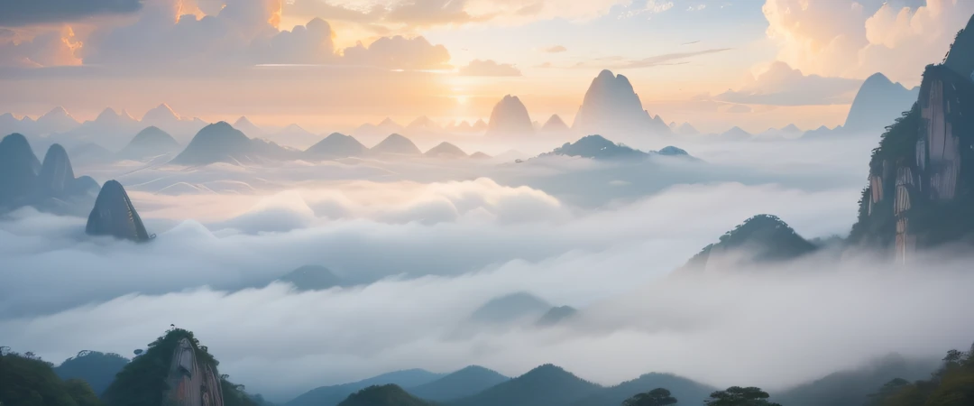 Huangshan, Anhui，There is a welcoming pine tree at the top of the hill，There are distant mountains，There is a sea of clouds，volume clouds，Endless clouds，Welcome pine，Realistic landscape, epic landscapes --auto