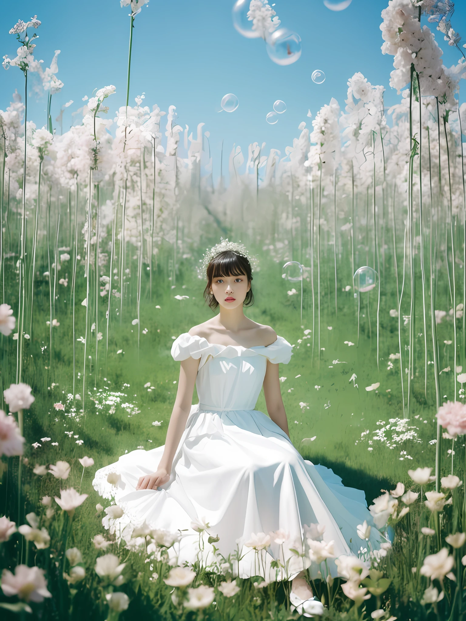 Masterpiece,(Best quality:1.3),(1girll:1.2),
(Solo:1.3),Bubble_Beauty,full body,Alfid woman sitting in a flower field in a white dress, dior campaign, Tim Walker's style, official dior editorial, Dior magazine editorial, Tim Walker, official vuitton editorial, Nick Knight, Image from《vogue》Magazines, official valentino editorial, 《vogue》Official editorial, nico wearing a white dress, fashion editorial, 《vogue》Magazine editorial