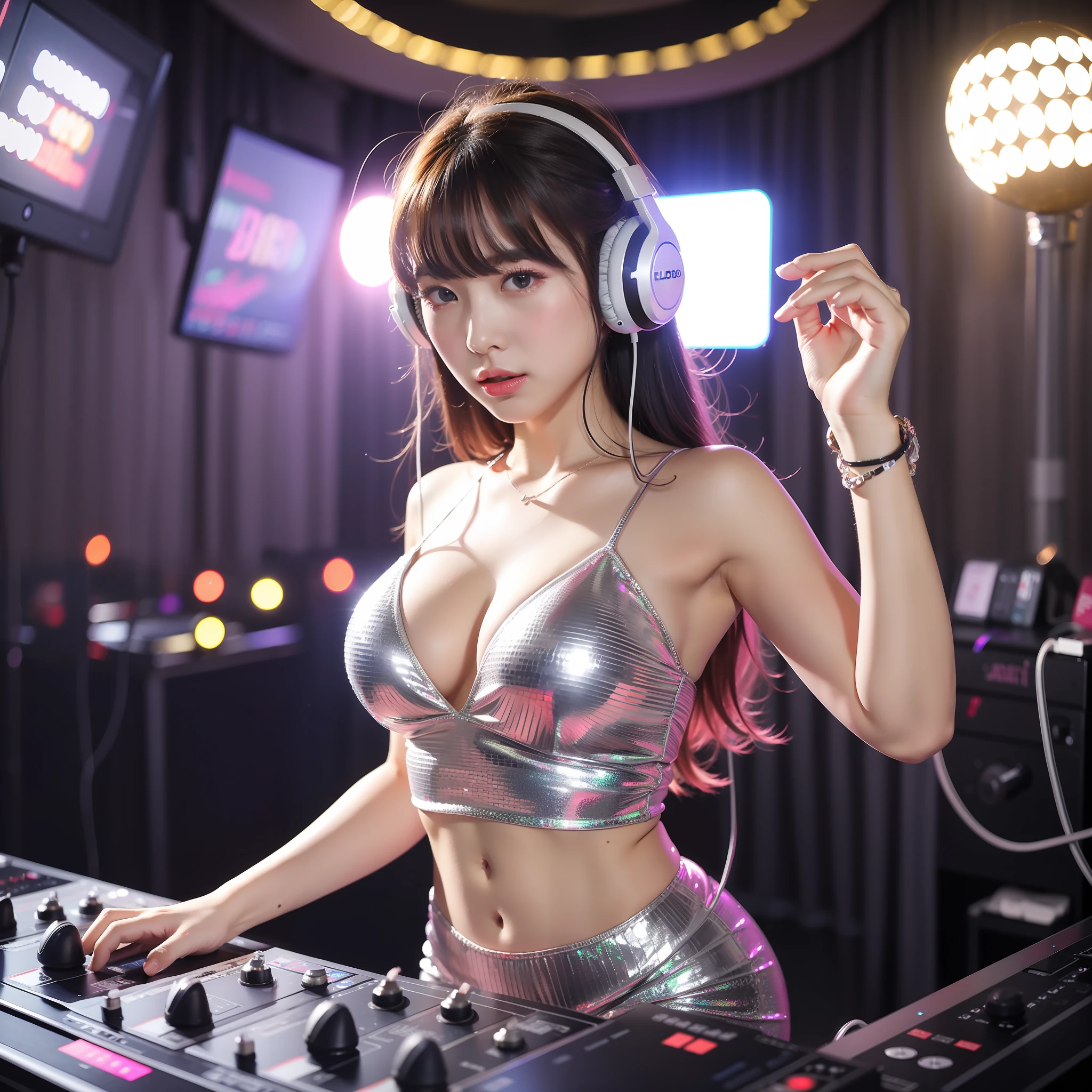 (Best quality), (Masterpiece), Photography, Realistic, (1girl), perfect body, blone hair, DJ, sexy DJ, wearing headphone, disco ball, disco light