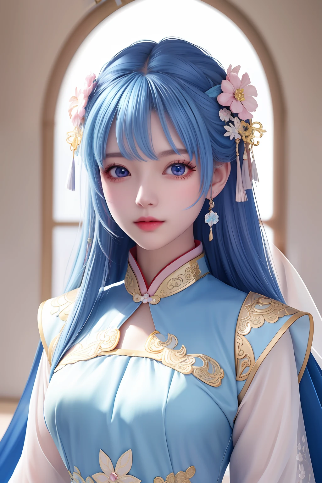 nsfw,tmasterpiece,Need,super-fine,Semi-realistic,Meticulous facial features,1boy,Long pink and blue hair,blueneyes,A girl in a delicate fairy costume， Ancient Chinese clothing， rays of sunshine， Clear face， Clean white background， tmasterpiece， super detailing， Epic composition， hyper HD， high qulity， extremely detaile， offcial art， Uniform 8k wallpaper， super detailing， 32k -- v 6