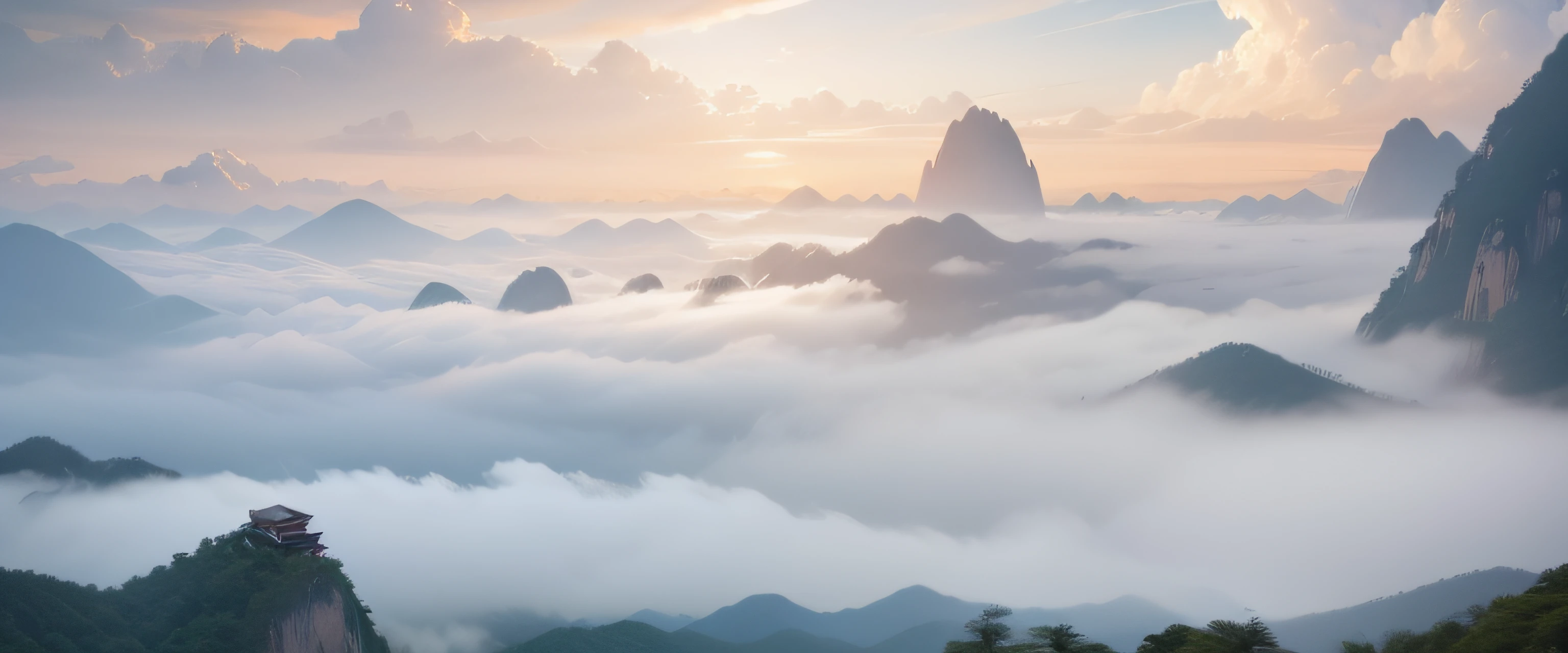 Huangshan, Anhui,There is a welcoming pine tree at the top of the hill,There are distant mountains,There is a sea of clouds,volume clouds,Endless clouds,Welcome pine,Realistic landscape, epic landscapes --auto