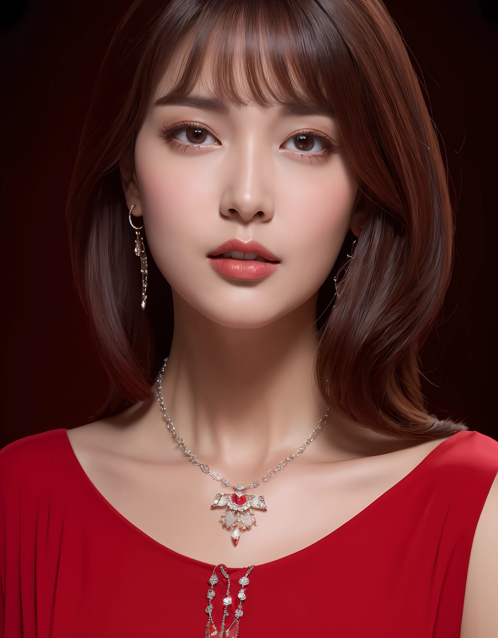 (8K, Best quality : 1.2), (Masterpiece, photograph realistic : 1.3), Super detail, Attractive woman wearing a low-cut red blouse, showing a silver chained necklace with a pendant, soft lighting