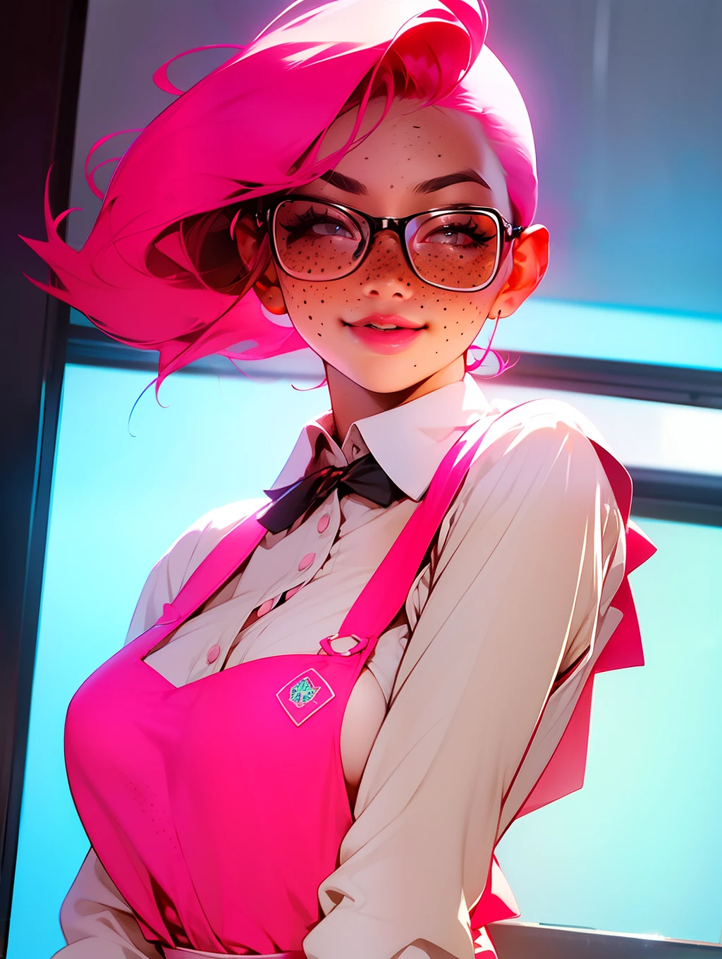 a closeup portrait of a playful maid, undercut hair, apron, amazing body, pronounced feminine feature, busty, kitchen, [ash blonde | ginger | pink hair], freckles, flirting with camera,