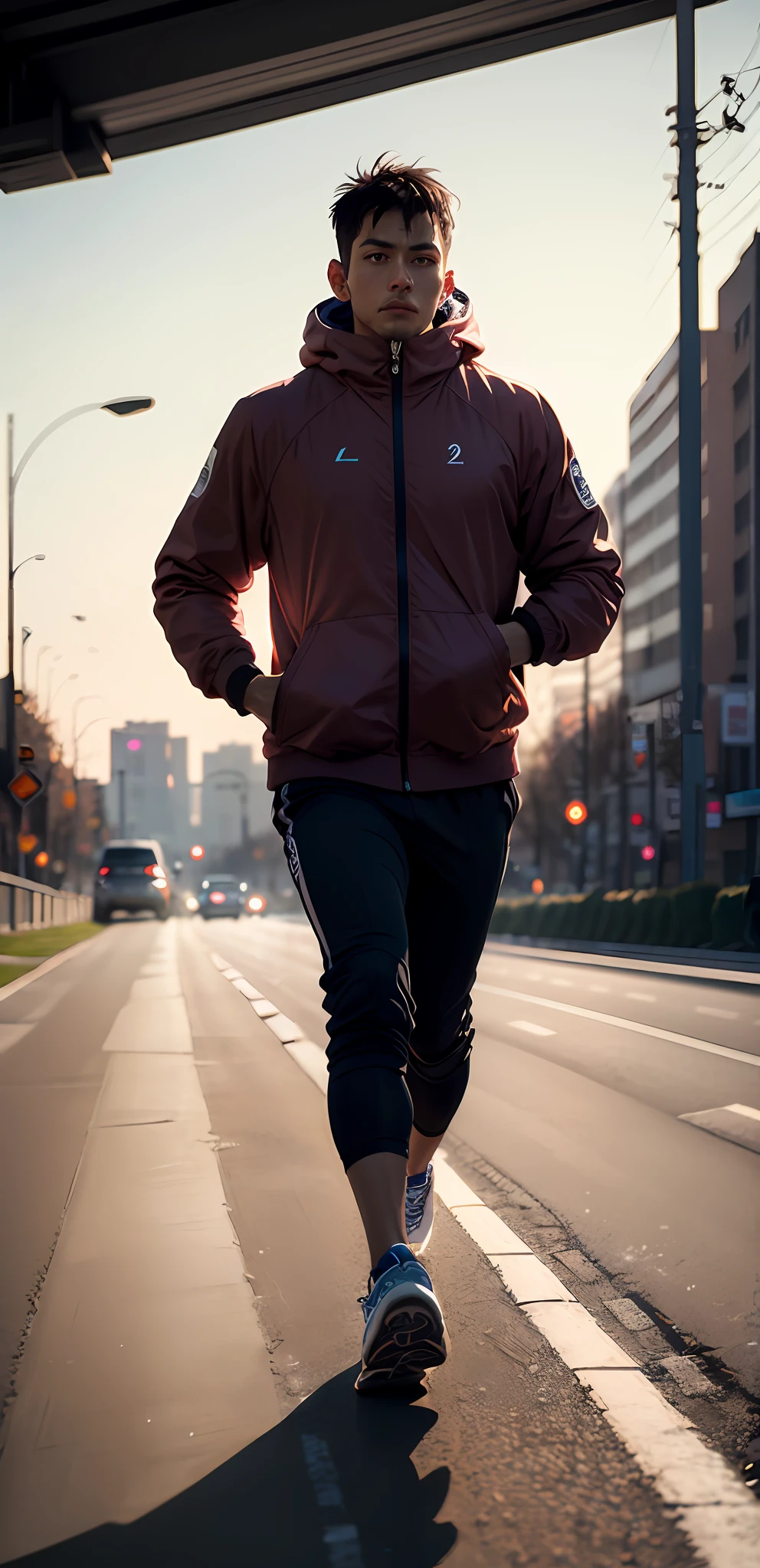 Help me draw a Lulu lemon sports coat、Sports enthusiast poster with sweatpants and running shoes，Running，overclocking，highways，natural morning light，Cold and warm contrast，photorender，blender