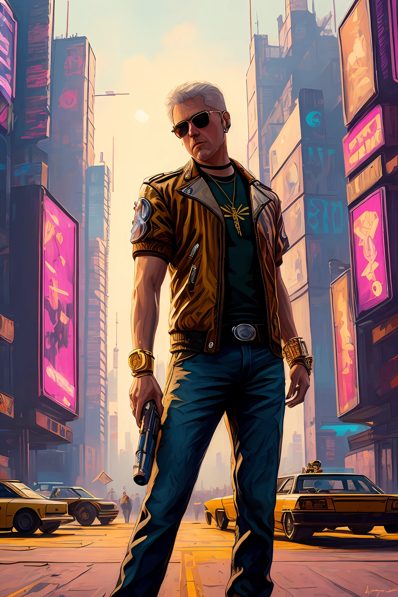 a painting of a Bill Clinton, background, style of cyberpunk 2077, band of gold round his breasts