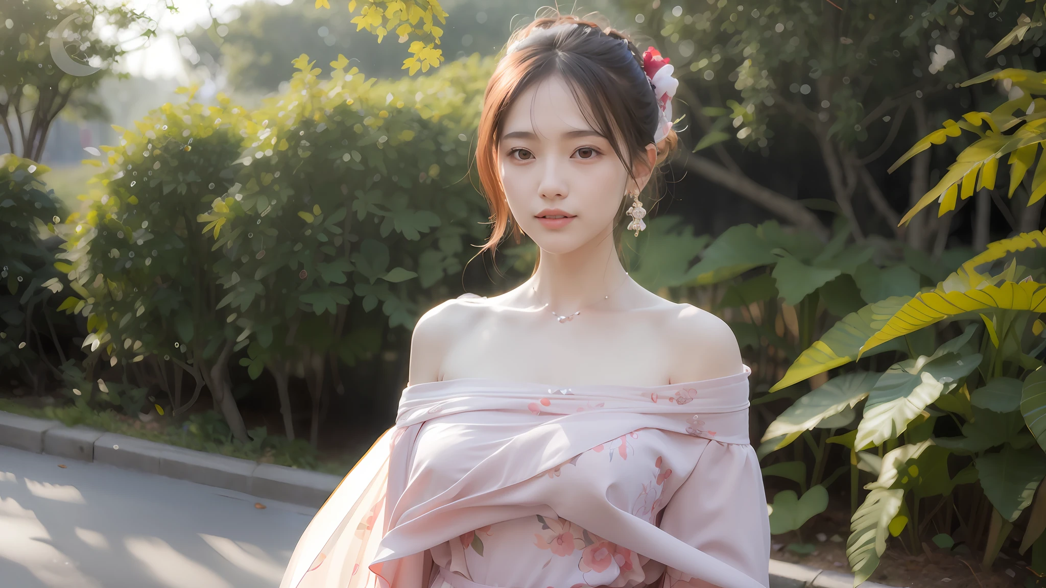 there is a woman in a pink dress posing for a picture, Palace , A girl in Hanfu, xintong chen, Soft portrait shot 8 K, dilraba dilmurat, wearing pink floral gown, Hanfu, shaxi, yanjun cheng, White Hanfu, cute elegant pose, gorgeous chinese models, inspired by Ma Yuanyu, Ethereal beauty,Long legs,full bodyesbian