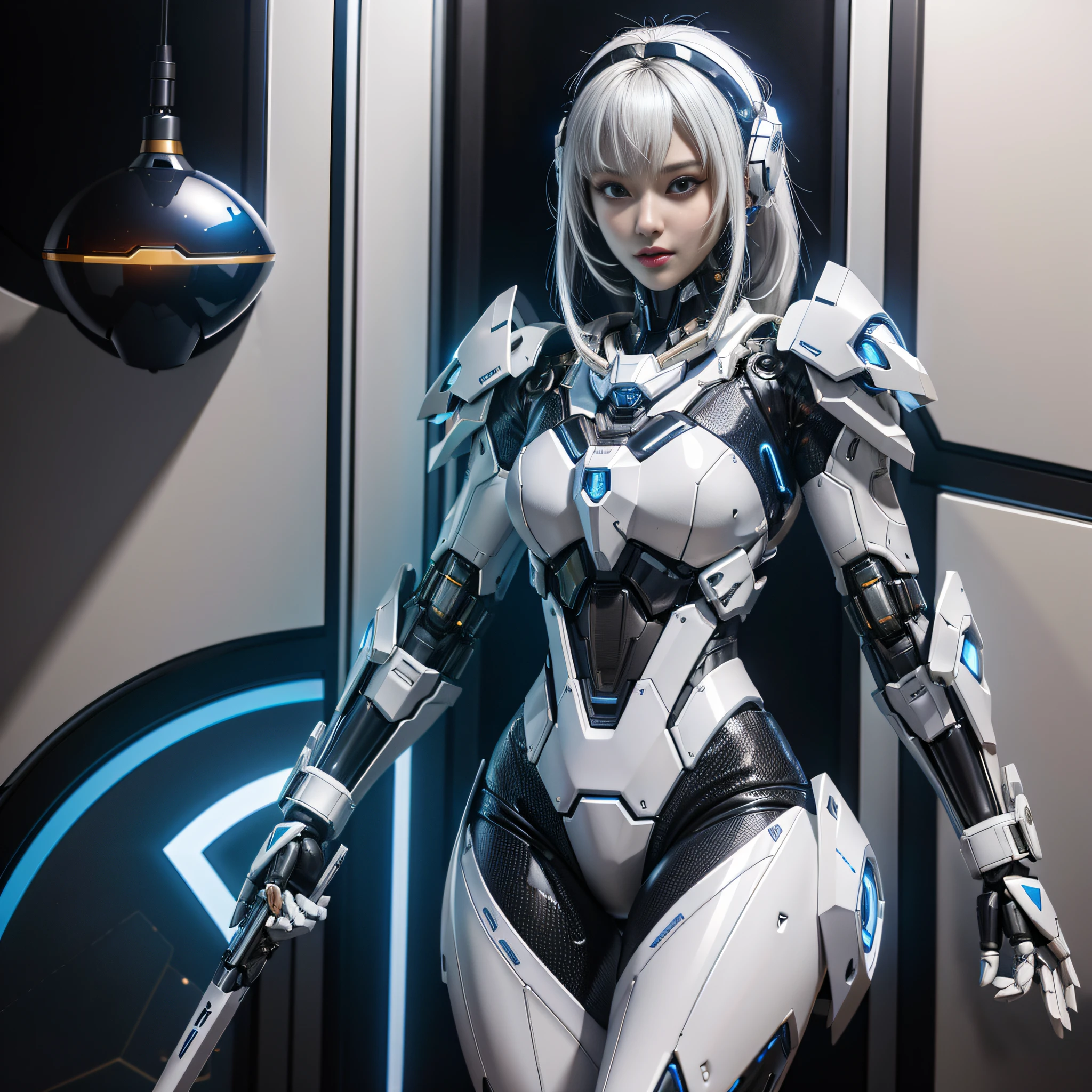 Arad woman in futuristic suit holding a gun in the room, cyber suit, girl in mecha cyber armor, cybersuit, in white futuristic armor, as an overwatch character, cyber suit, cyber japan armor, cyberpunk pearl armor, diverse cybersuits, echo from overwatch, Cute cyborg girl, beautiful white girl cyborg, beautiful alluring female cyborg