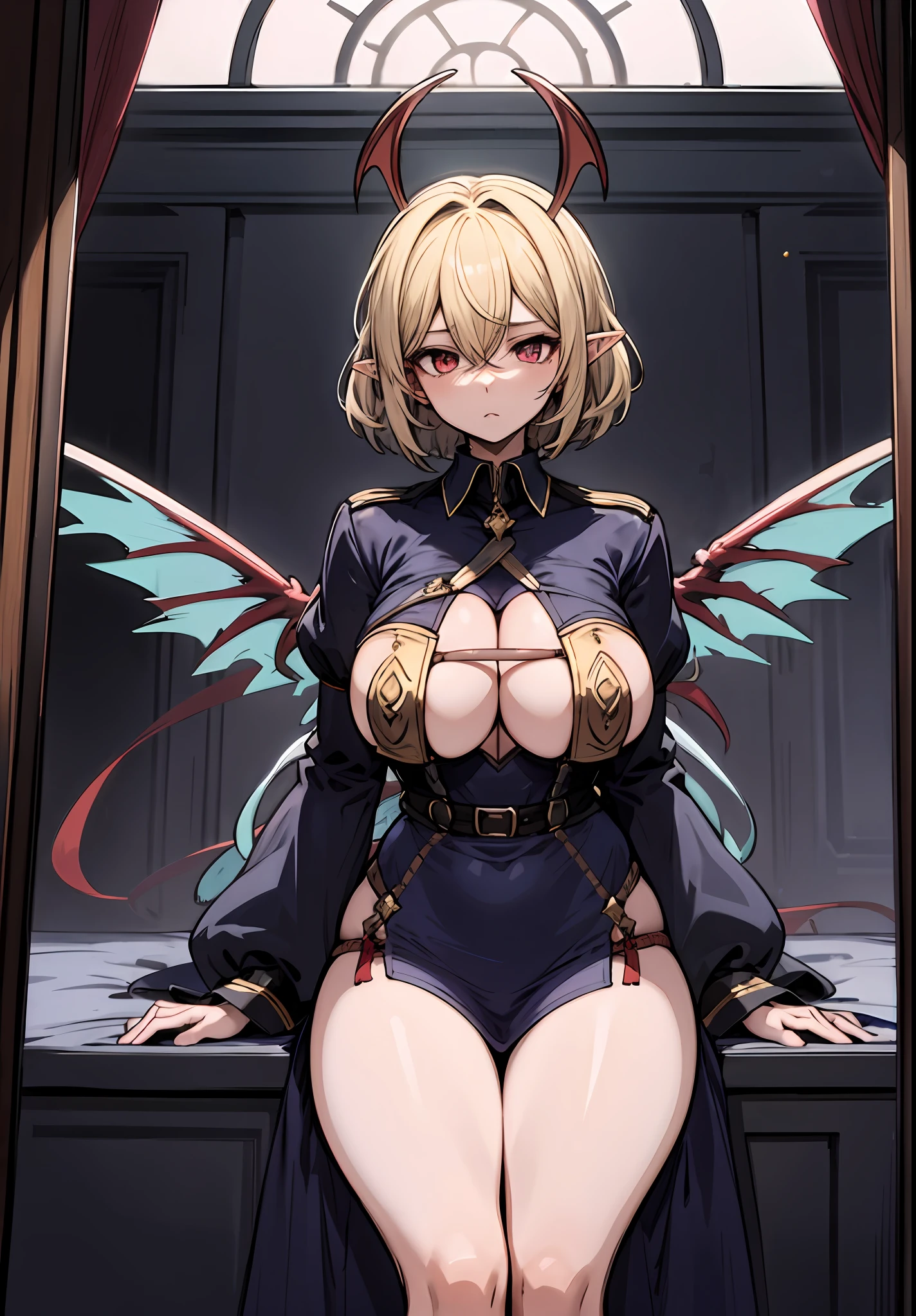 tmasterpiece，high high quality，1girll，Solo，huge tit，short detailed hair，inside in room，（A half body：Above thighs），（hair between eye），（Hairstyles：Elf short hair），Devil Wings，Disappointed face，looking at viewert，