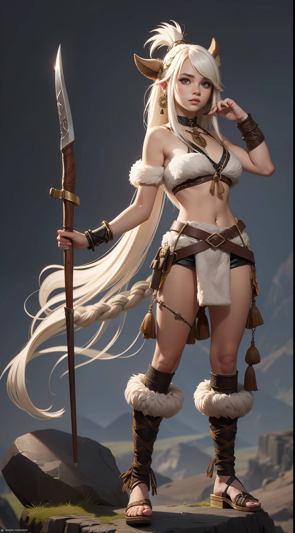 1 Northern Girl，Stone Age，Primitive barbarian style，highly details eye、详细的脸，Animal fur clothing，Ivory decoration，Nature, wild hairs, vine, Bones made weapons，Fantasy setting，Full body standing painting，dynamicposes，white backgrounid，character concept, character art, Character portrait，tmasterpiece，best qualtiy，Best resolution，8K，