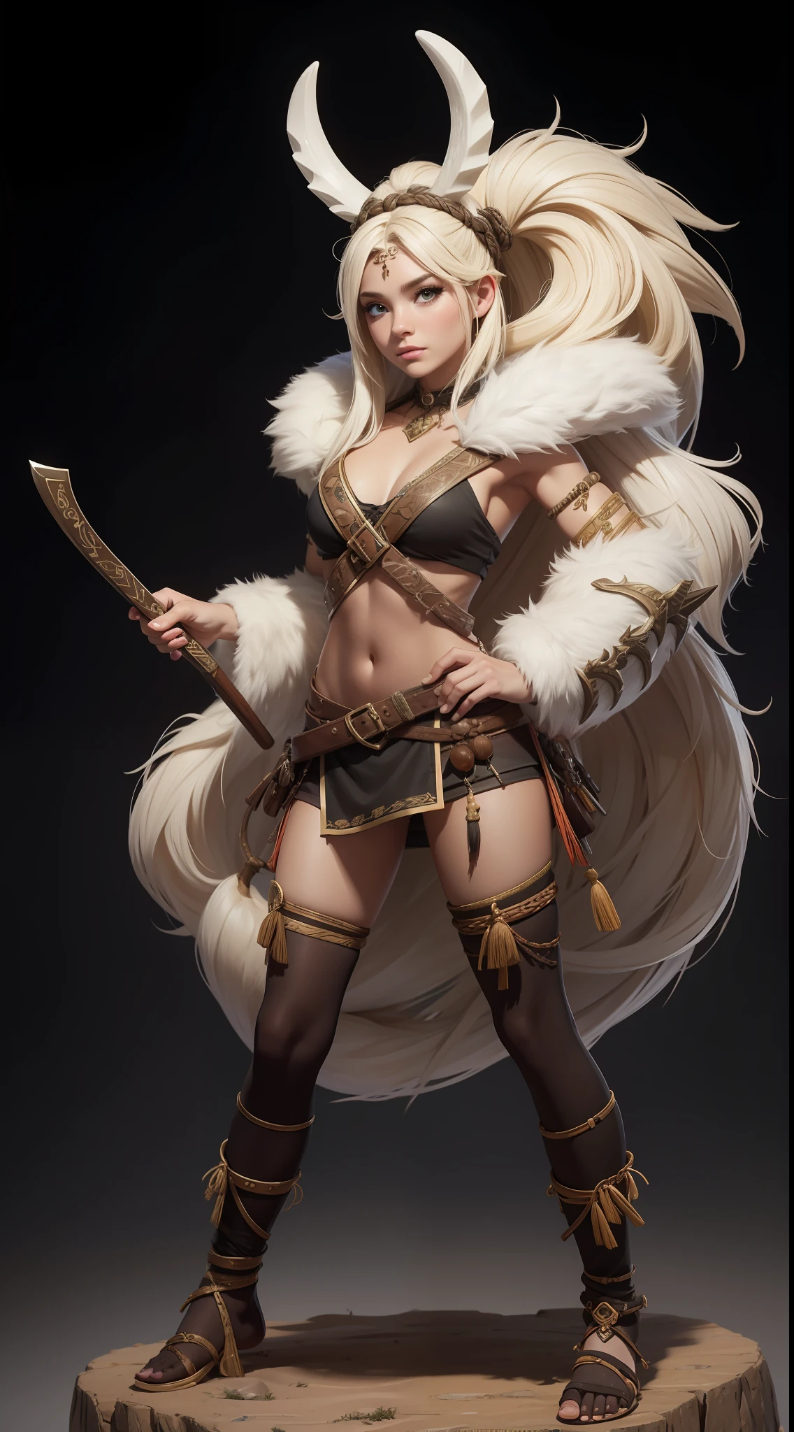 1 Northern Girl,Stone Age,Primitive barbarian style,highly details eye、详细的脸,Animal fur clothing,Ivory decoration,Nature, wild hairs, vine, Bones made weapons,Fantasy setting,Full body standing painting,dynamicposes,white backgrounid,character concept, character art, Character portrait,tmasterpiece,best qualtiy,Best resolution,8K,