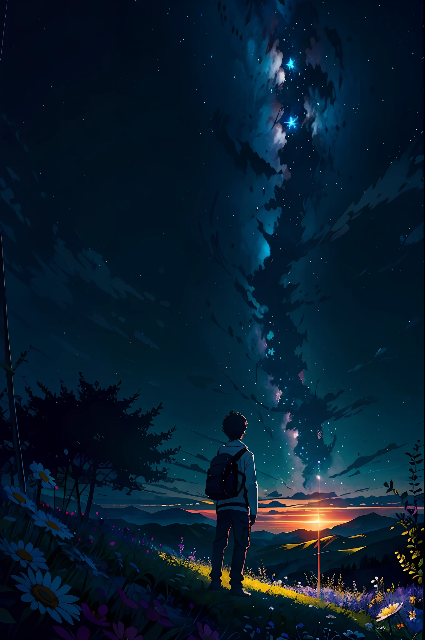 Expansive landscape photograph,(look from down,Above is the sky,Below are open fields),A boy standing on a flower field looking up,(suns:1.2),,Far Mountain, Tree BREAK making art,(Warm light source:1.2),lamp lights,Plenty of clear yellow and white blue,Complicated details,Volumetric lighting BREAK(tmasterpiece:1.2),(best qualtiy),4k,ultra - detailed,(dynamic compositions:1.4),detail-rich,plethora of colors,(Irridescent color:1.2),(with light glowing,Atmospheric lighting),dream magical,magical,(独奏:1.2)