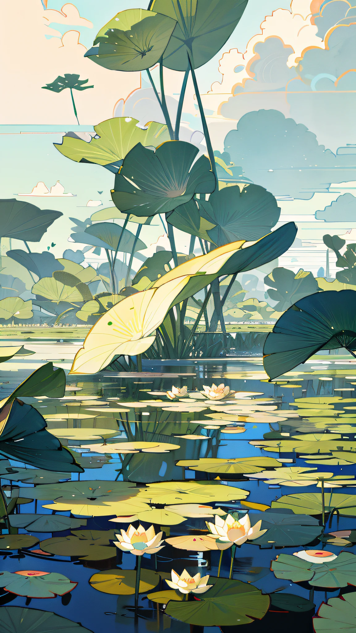 Poster design,There is a pond nearby,The wind blows gently through the pond,There are lotus leaves in the pond,The lotus leaf will not be so high,The sky is blue,Beautiful big clouds,Dragonflies fly in the sky