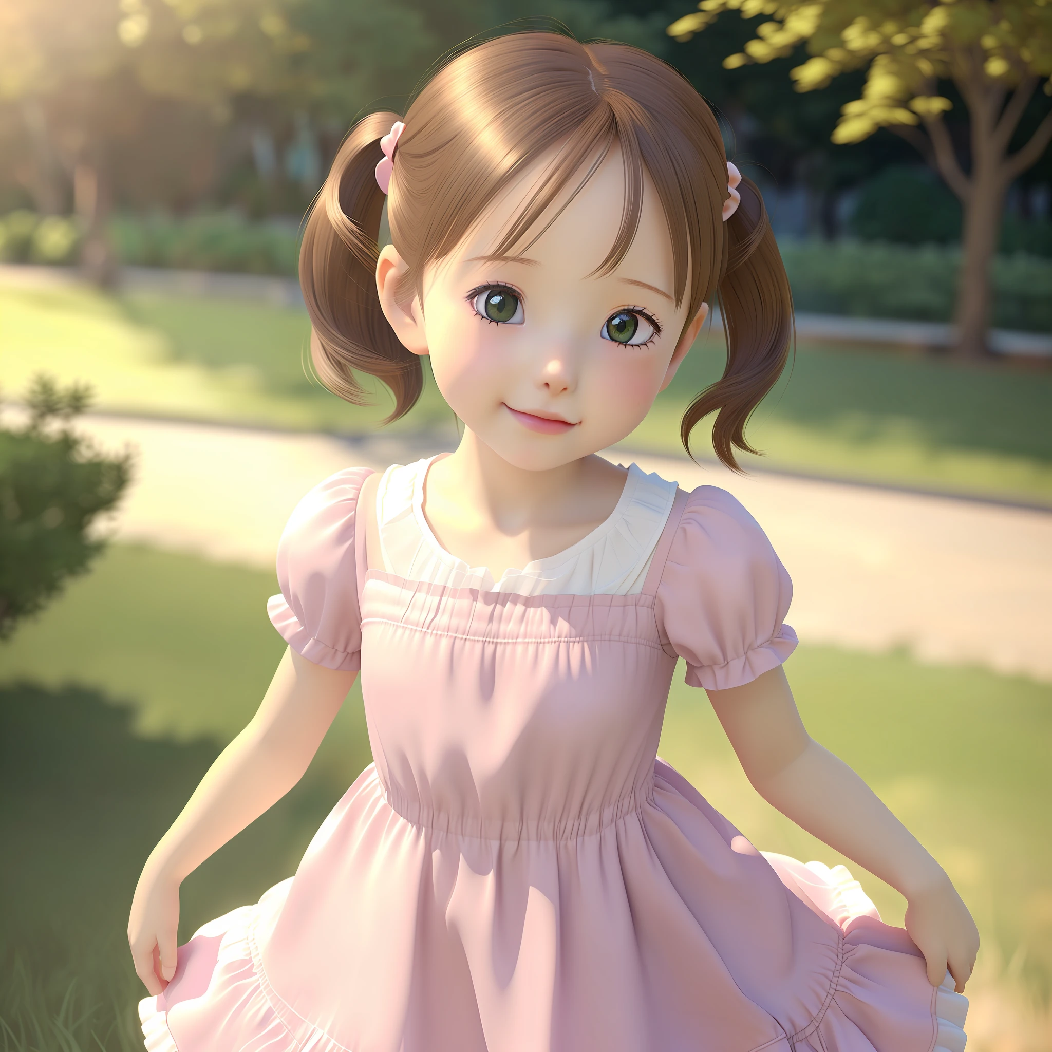 there is a *********** that is standing in the grass, Kawaii realistic portrait, lovely digital painting, render of a cute 3d anime girl, Realistic anime 3 D style, cute kawaii girls, photorealistic anime girl rendering, Smooth anime CG art, Soft portrait shot 8 K, 3 d anime realistic, small **** girl, Realistic cute girl painting, **** in dress