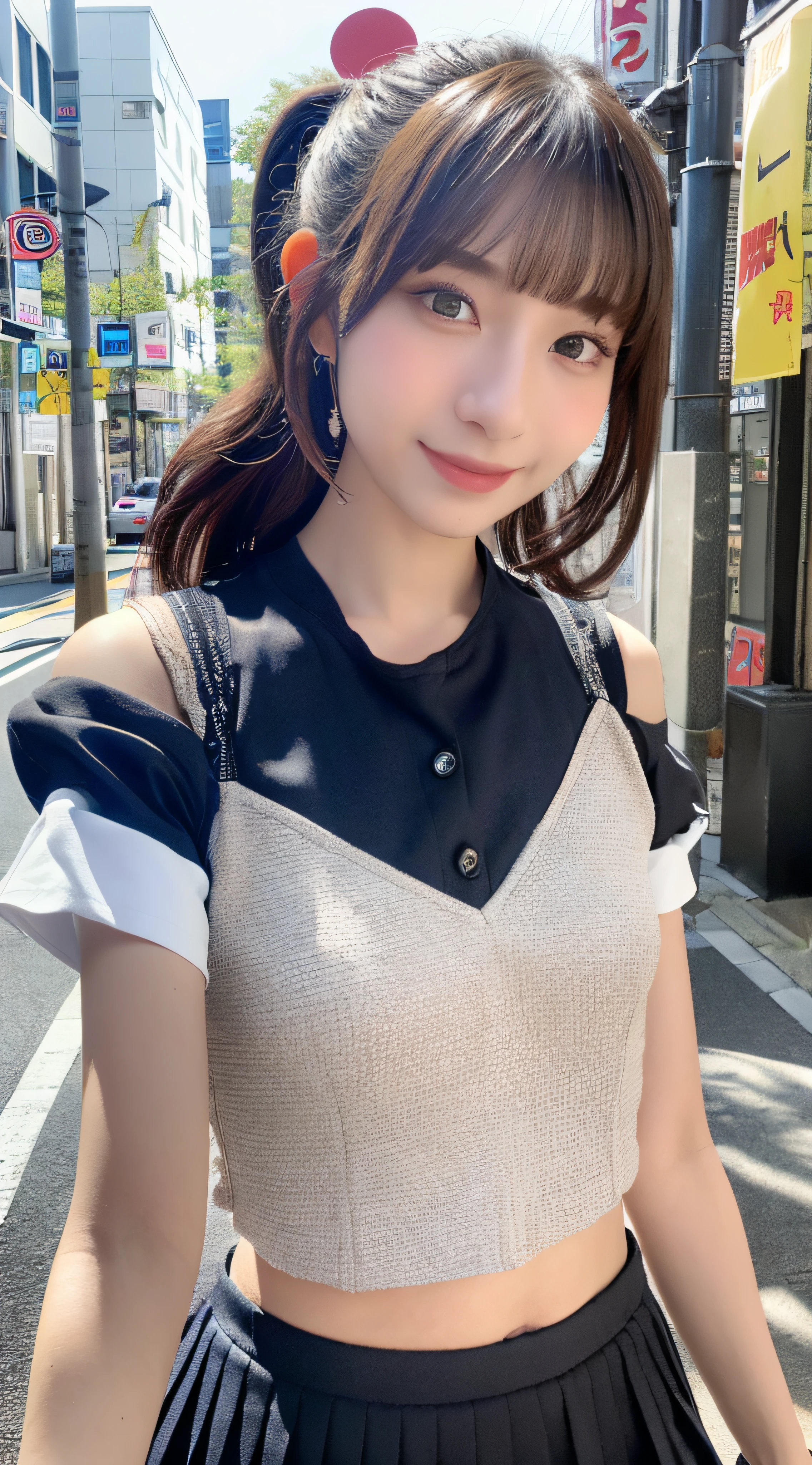 (8k, RAW photo, best quality, masterpiece:1.2), ultra detailed, ultra high res,
(realistic, photo realistic:1.37), portrait, high detail RAW color photo, professional photograph,
an extremely delicate and beautiful, extremely detailed, 8k wallpaper, Amazing, finely detail, huge file size, official art, extremely detailed CG unity 8k wallpaper,
extremely detailed beautiful girl, extremely detailed face, extremely detailed eyes, extremely detailed skin, extremely detailed fingers, extremely detailed nose, extremely detailed mouth,
perfect anatomy, highly detailed background, delicate eyes, armpits,
1girl, cute girl, pretty girl, famous japanese idol, kawaii,
flat chest, realistic body, petite, beautiful delicate fingers,
fair skin, shiny skin, slender body, good figure, perfect figure: 1.4, Slender abs: 1.2, wide shoulder,
Ash blond hair, ponytail, semi-long hair, (blunt bangs:1.2),
smile, cute, young, cute face, realistic face,
beautifully detailed eyes, delicate eyes, brown eyes, black eyes, big beady eyes, round eyes, double eyelids,
(student, high school, uniform, short sleeve blouse, pleated skirt),
looking at viewer, cowboy shot, face the front, standing posture, contrapposto,
outdoors, on the street, street, store status, japan, street, tokyo, city, Akihabara, Shinjuku, Shibuya, Ikebukuro,
lens flare, dynamic lighting, HDR