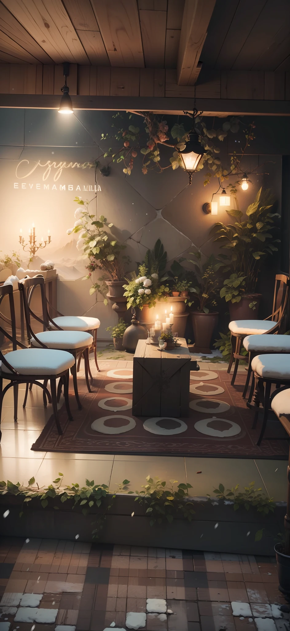 change the text to (AMALIA & FAHMI), remove chairs and tables, snowy, luxurious atmosphere, ultrarealistic, hyperrealistic,8k HD, very detailed